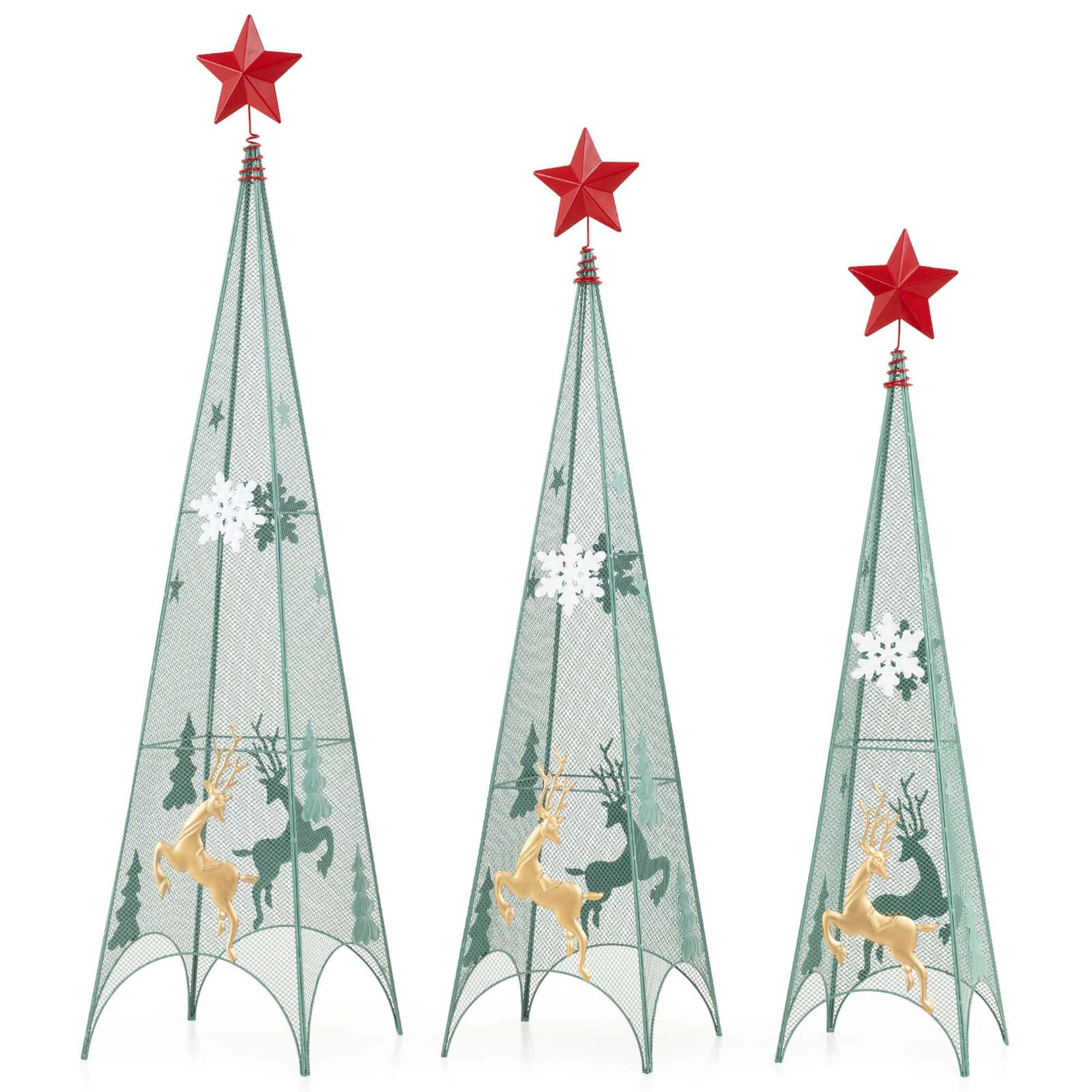 Costway HCST04599 Set of 3 Tower Shaped Christmas Trees (3ft/3.5ft/4ft) Artificial Xmas Metal Trees
