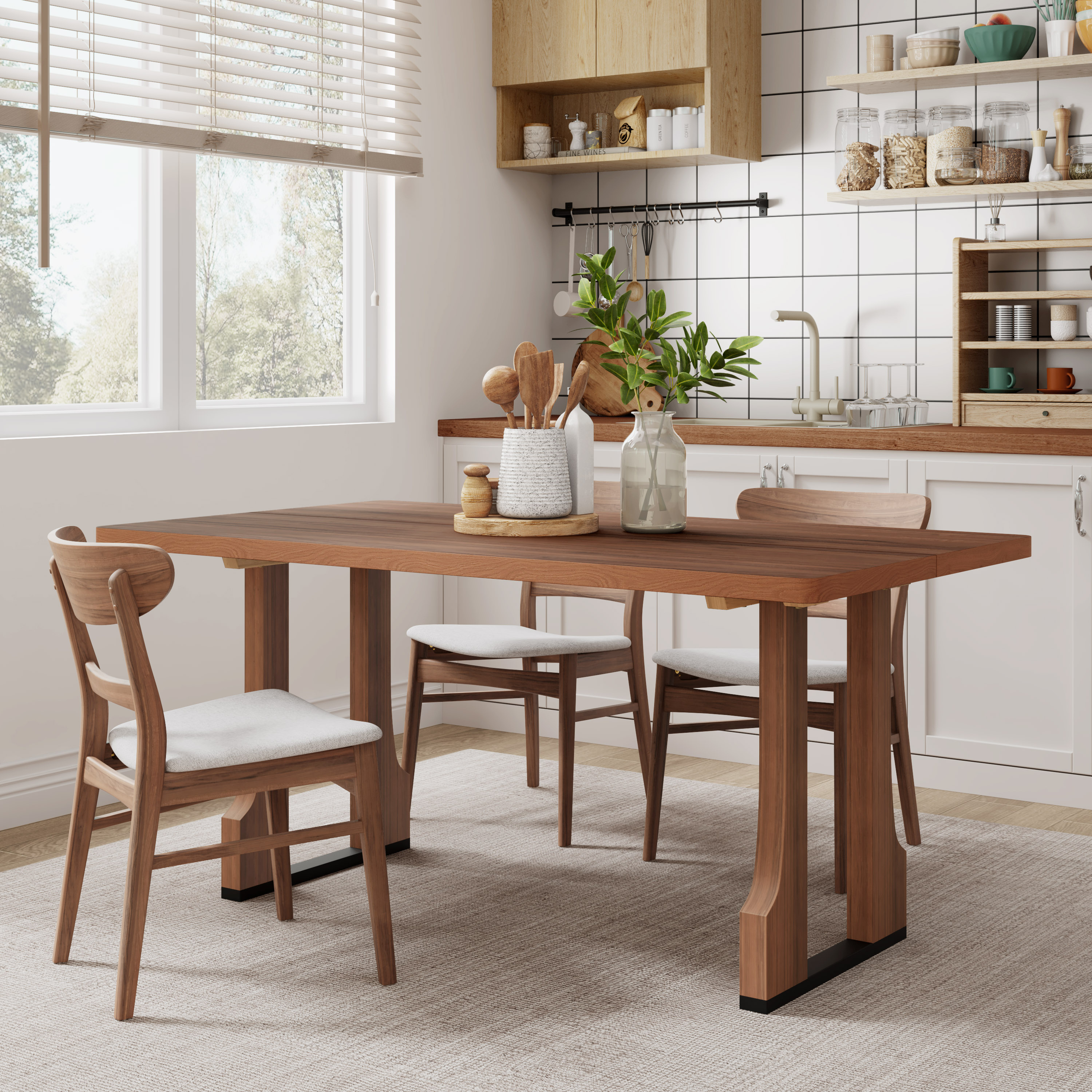 Foxcroft Farmhouse 63 Inch Rectangular Wood Dining Table with Pedestal Base Walnut Black
