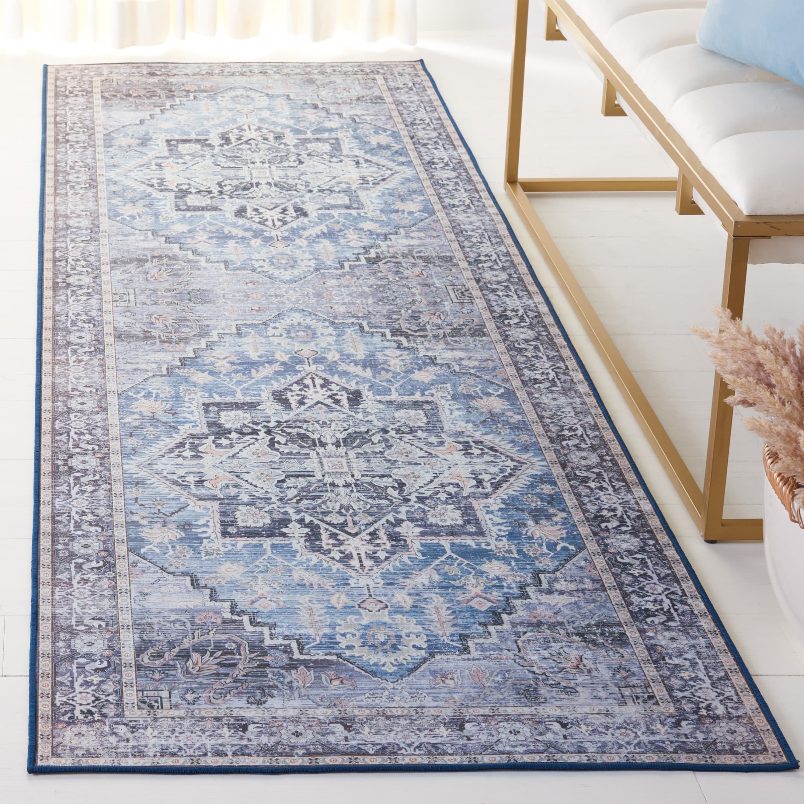 Tucson 137M Blue Charcoal Machine Washable/Slip Resistant 2ft-6in x 12ft Traditional Rug