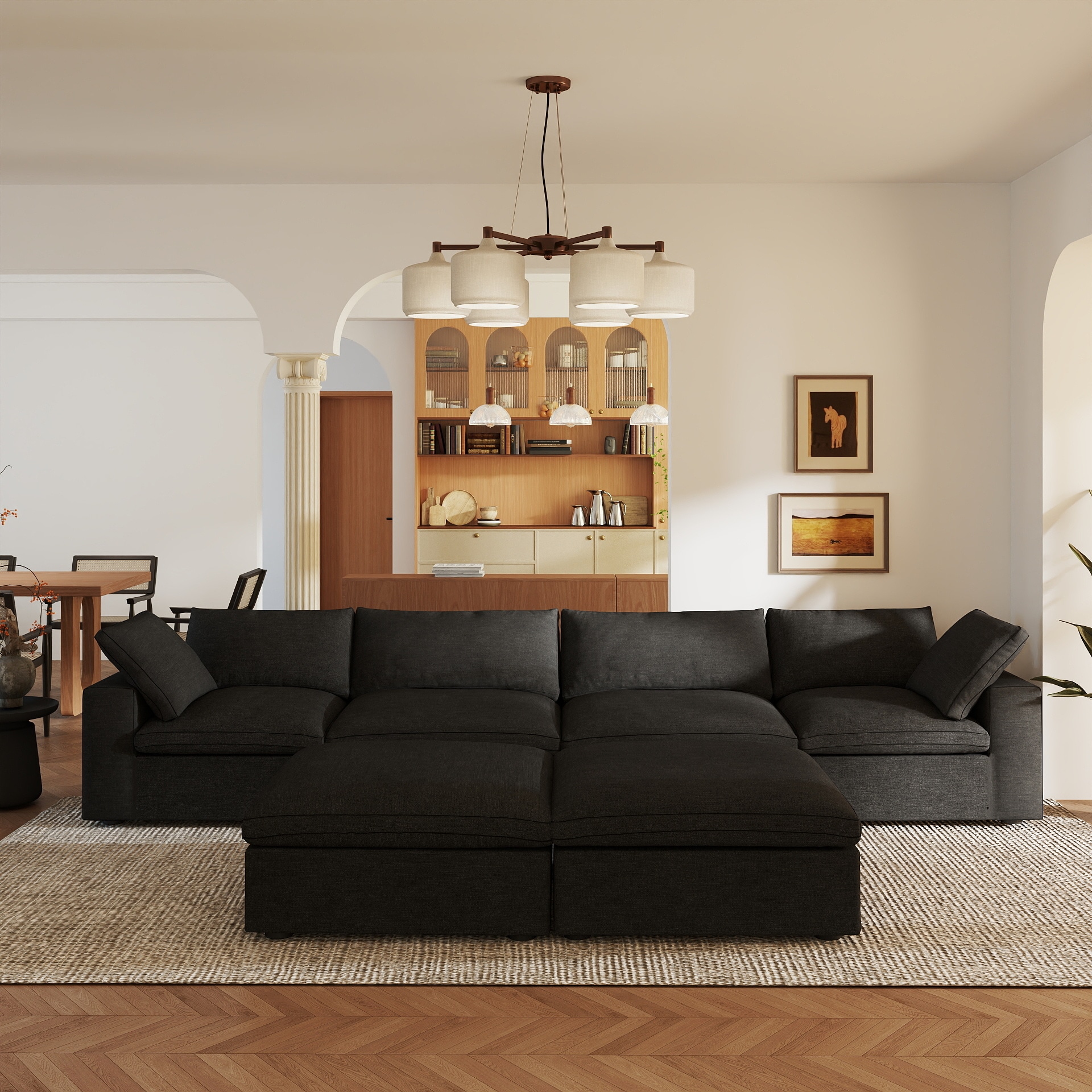 BuotiqHom DH-S4+2-121BK 157-in Modern Black (4 Seats + 2 Ottoman) Linen 4 -seater Sectional