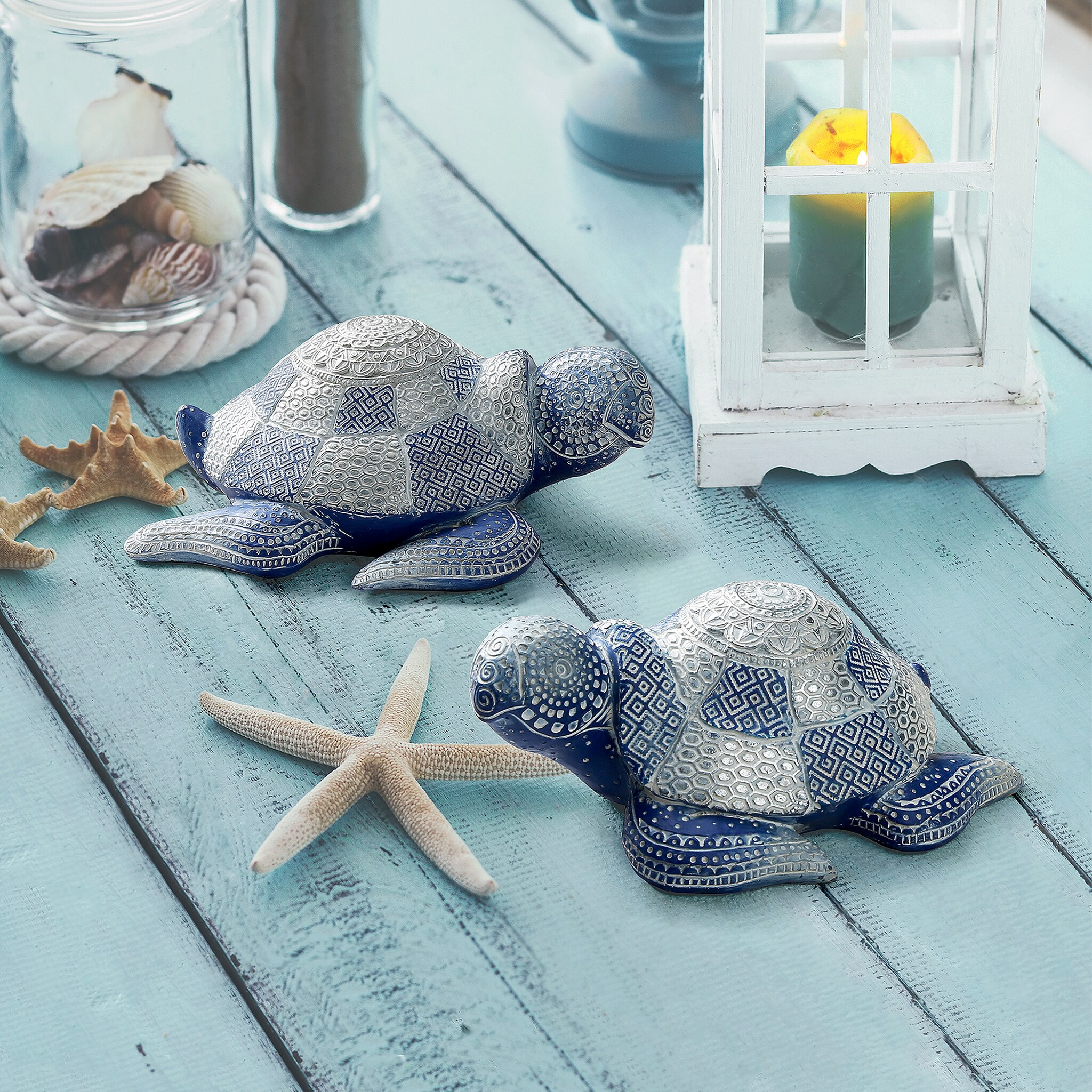 Peaceful Blue and Silver Resin Sea Turtle Figurine Set