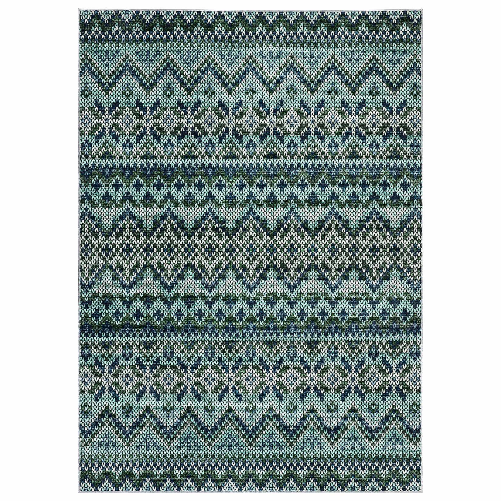 Qeetex LSN-PHK-34RNUKV5 5 x 7 ft Polyester Cashmere Blue Green Rectangular Hallway Bathroom Entryway Kitchen Office Foldable Geometric Modern Washable Area Rug