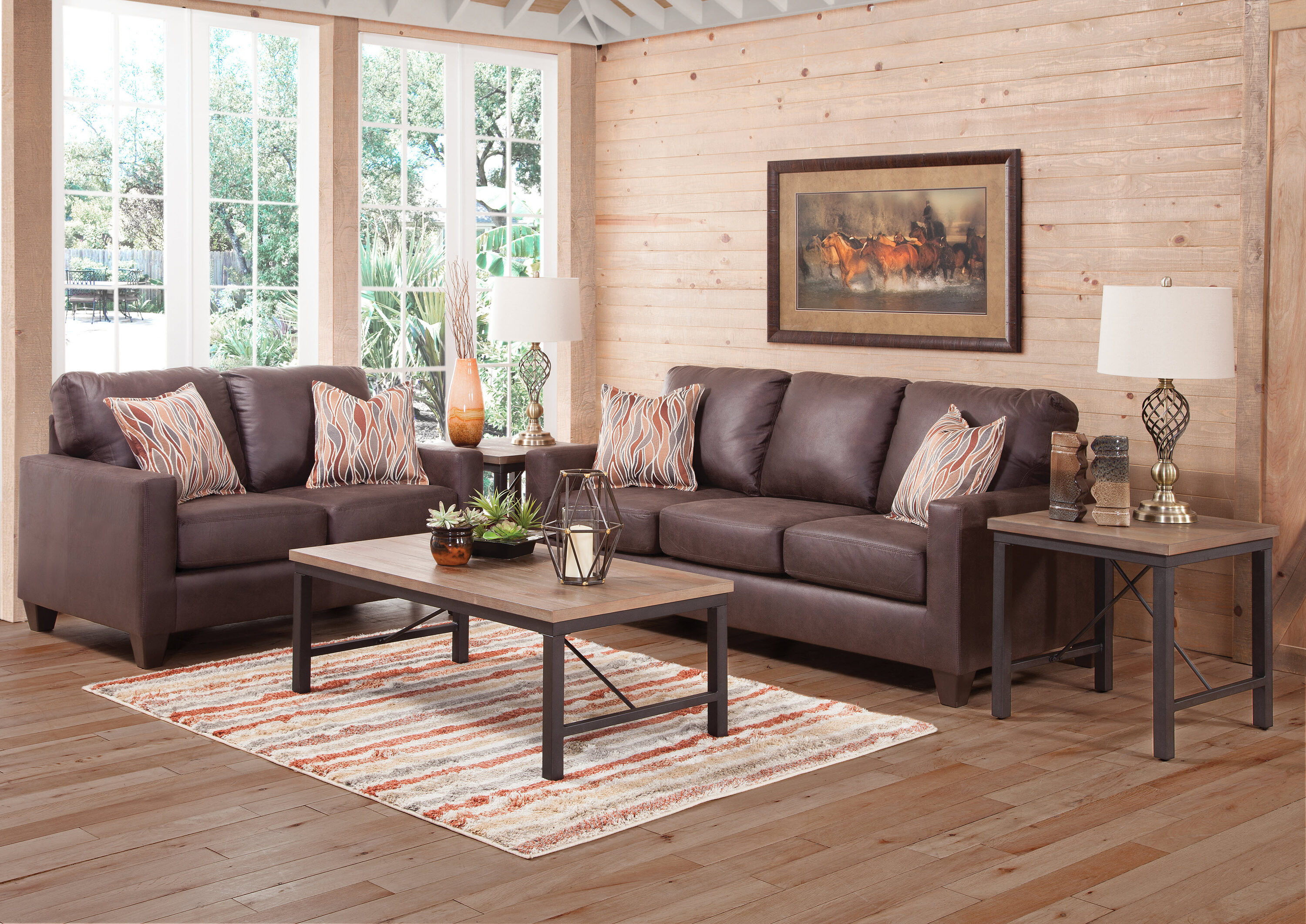 Brown Faux Leather Track Arm Loveseat with Removable Cushions