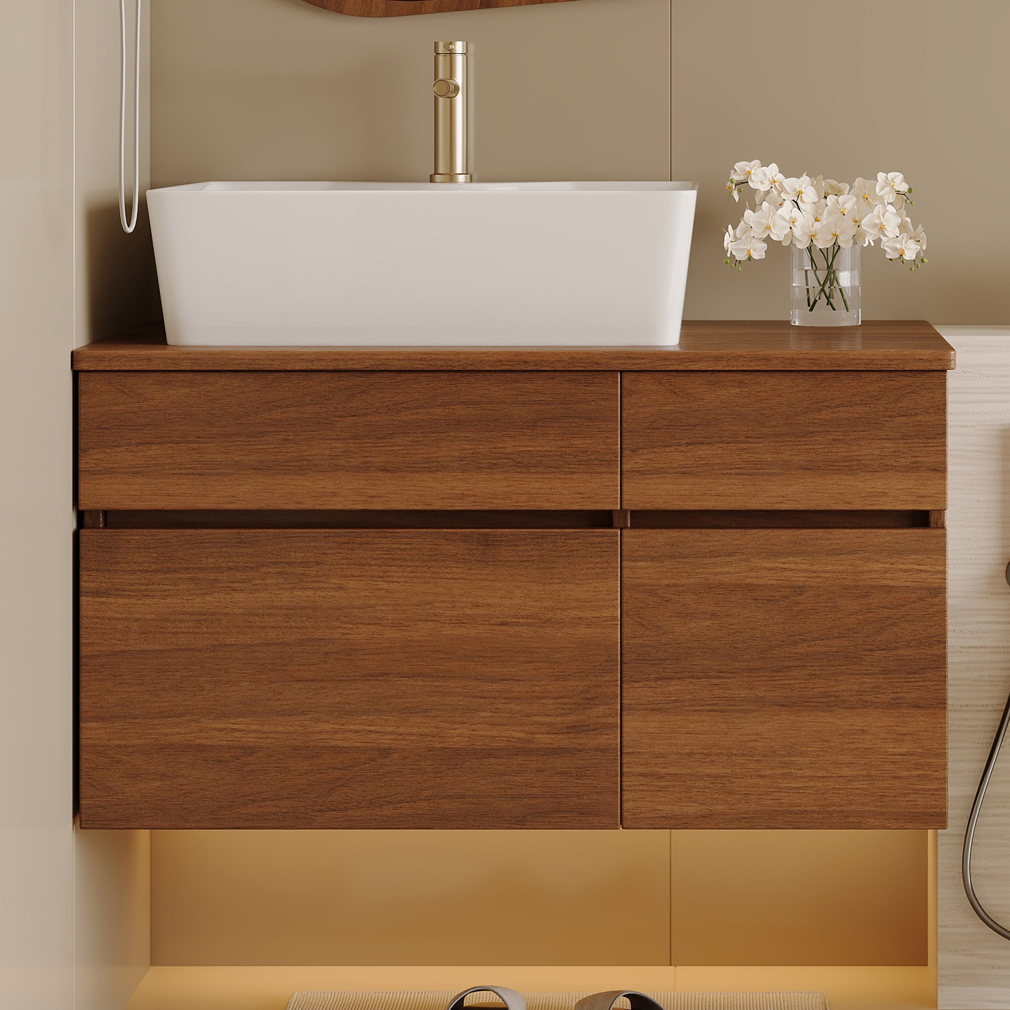 Afhocomp 31.50 in. Single Sink Wall-mount Walnut Bath Vanity with White Ceramic Top White Cultured Marble Sink