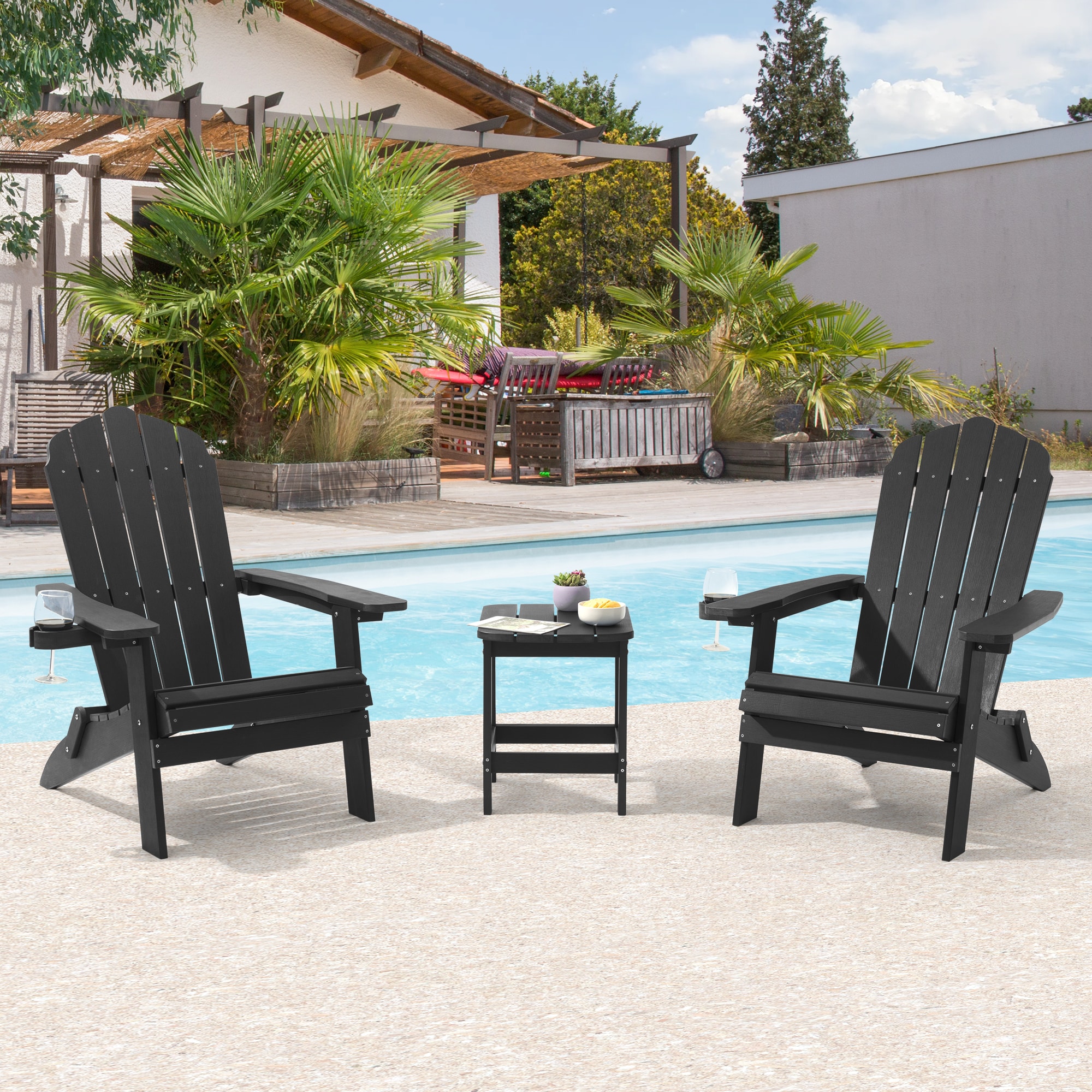 Sonkuki SD-AD367BK-2 Folding Adirondack Chair Set of 2 Black Plastic Frame Stationary Adirondack Chair with Black Slat Seat
