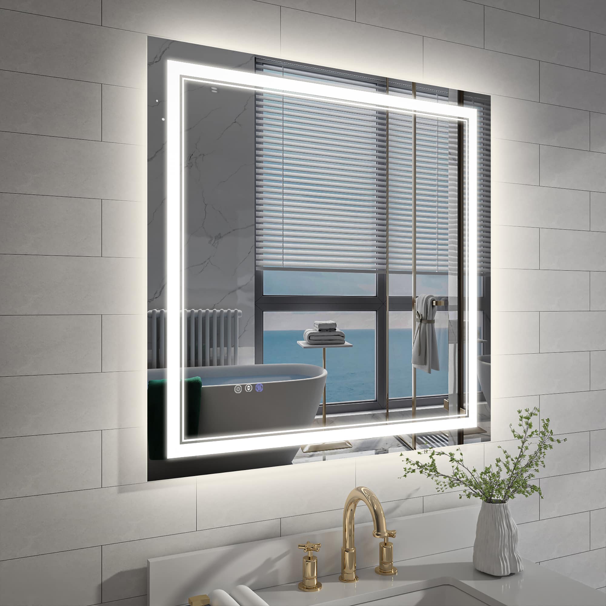ExBrite DHBM4024BG Lunor 36-in x 36-in Polished Frameless Square Dimmable LED Lighted Fog Free Bathroom Vanity Mirror ( Pure White )