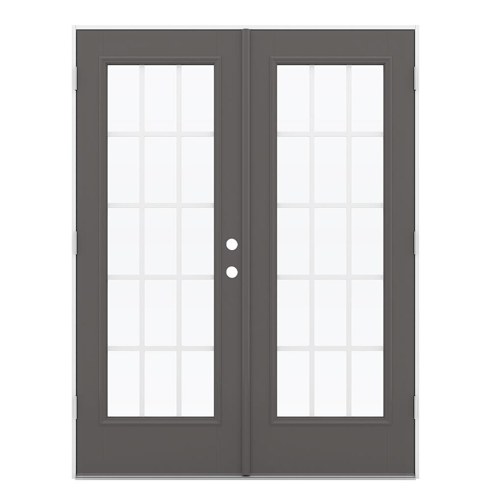 JELD-WEN 60-in x 80-in 4-9/16-in Low-e Timber Gray Fiberglass French Right-Hand Outswing Double Patio Door