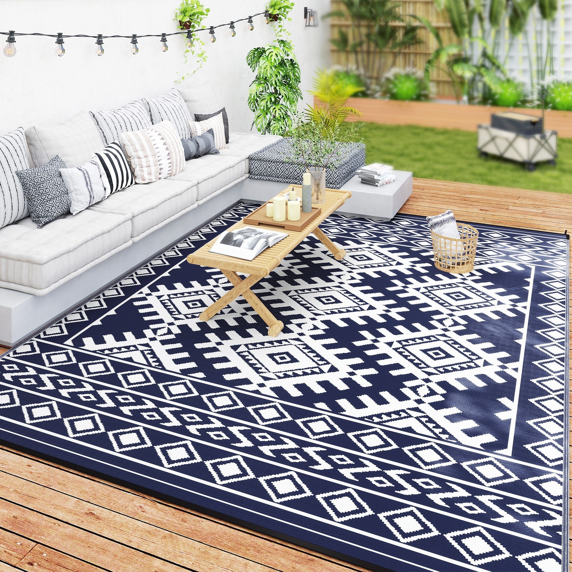 Vorene 9x12ft Reversible Outdoor Rug Waterproof Plastic Straw Camping Carpet Blue White