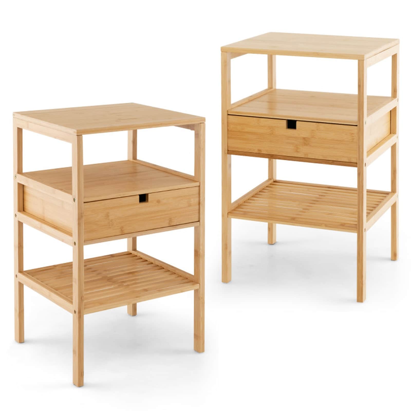 SUGIFT Set of 2 Bamboo Nightstand End Table with Drawer 2 Open Shelves 66-lb Tabletop Capacity for Bedroom Living Room-Natural