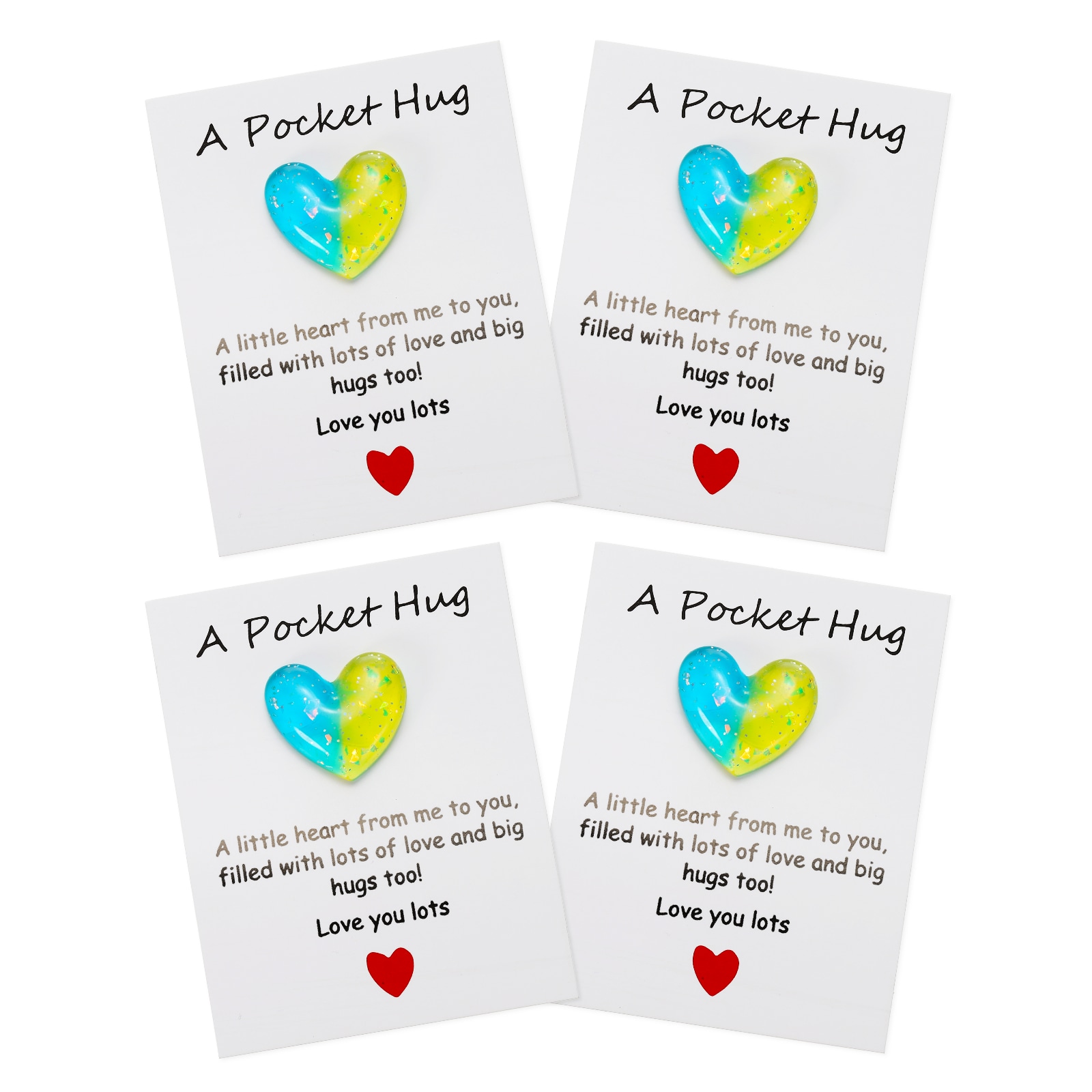 PATIKIL 4pcs Pocket Hug Heart with Greeting Card Pocket Hug Token Love Cards Cute A Little Resin Heart Shape Bulk for Friends Long Distance Relationship Gifts Blue Yellow #S26030600UX3337