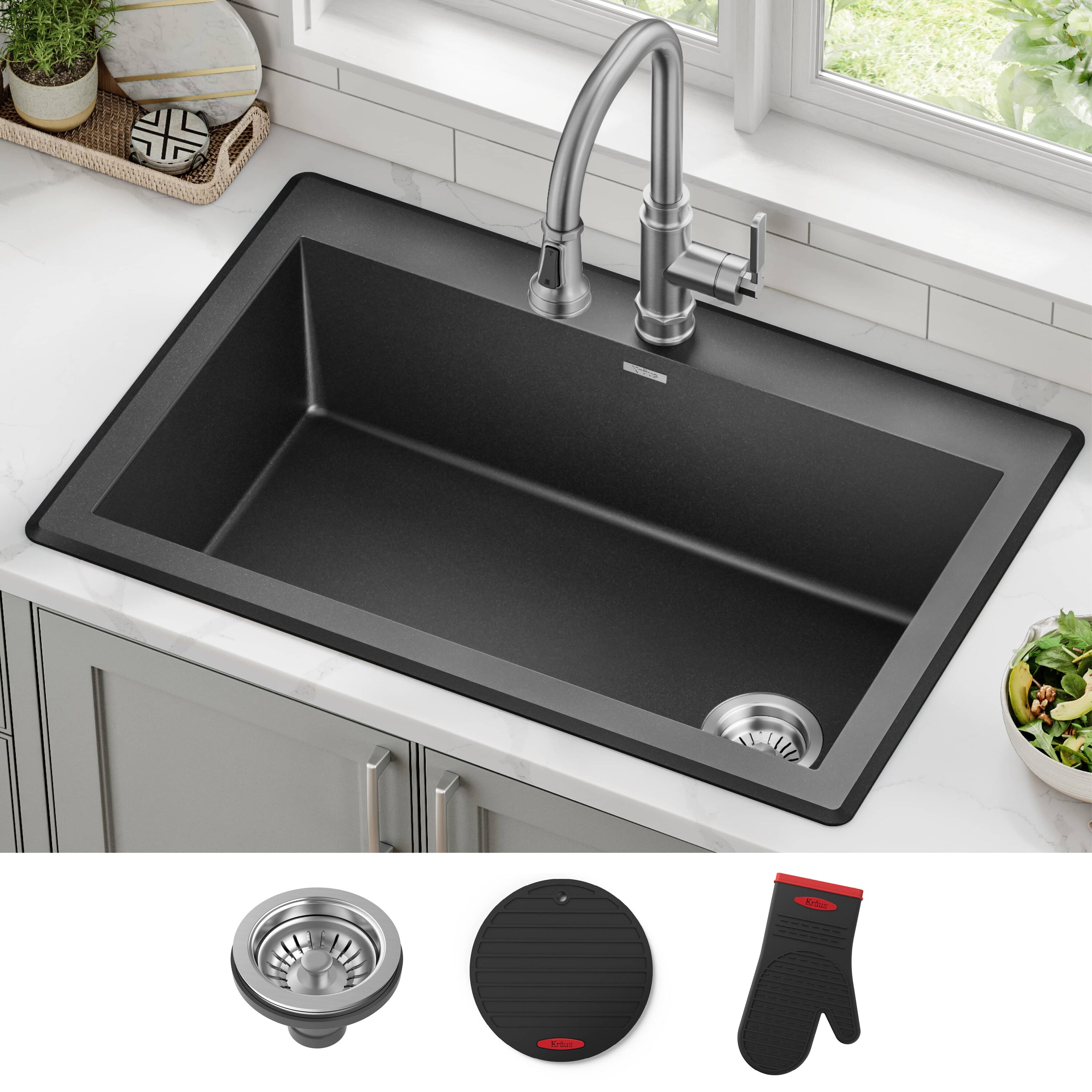 Kraus KGD-54BLACK Forteza Drop-in or undermount 33-in x 22-in Granite Single bowl 1-Hole Kitchen Sink