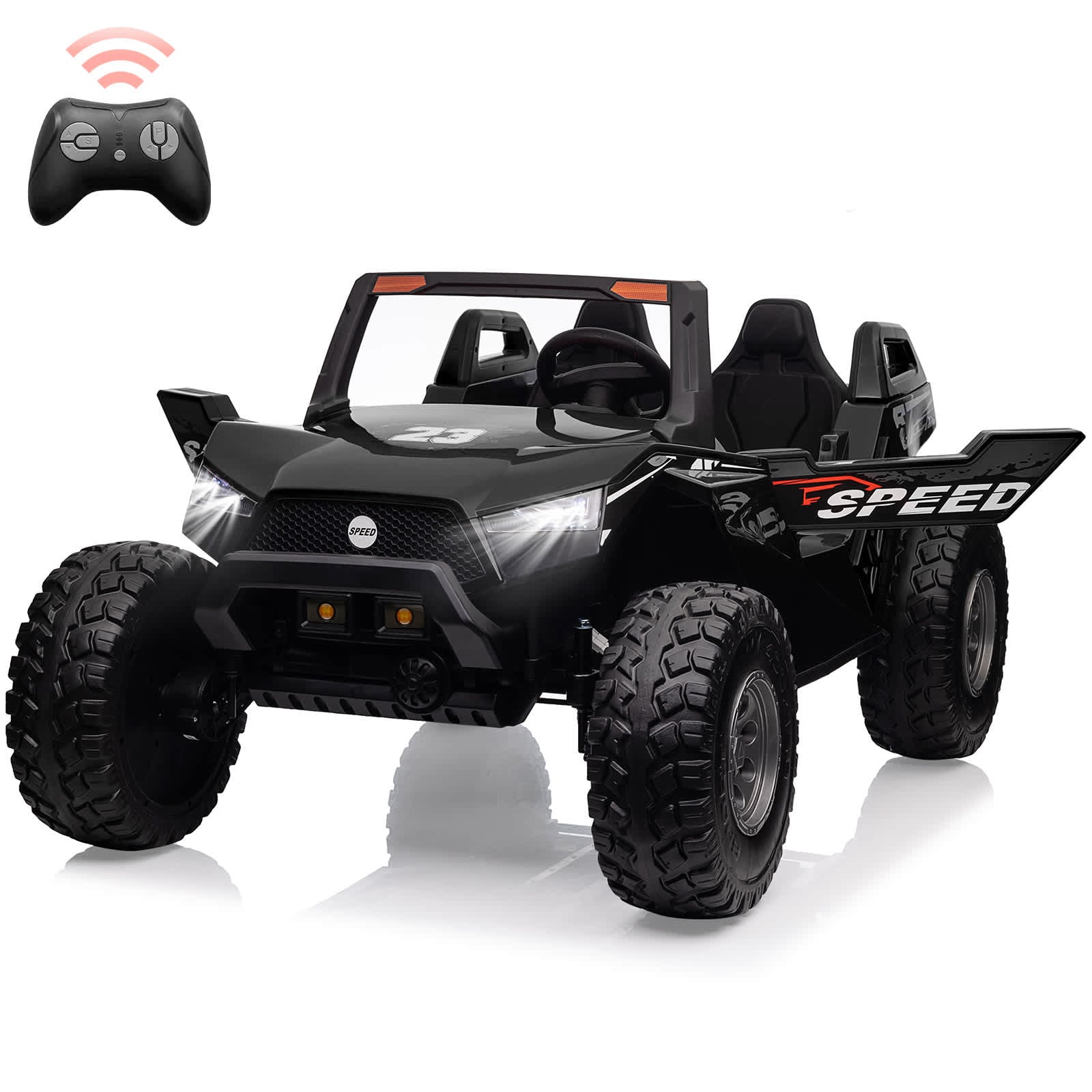 Qeetex SUN-PTO-0Z0F4K30 24V 2-Seater Kids Ride On Electric UTV with Remote Control LED Lights Music Extra Foldable Seat Black