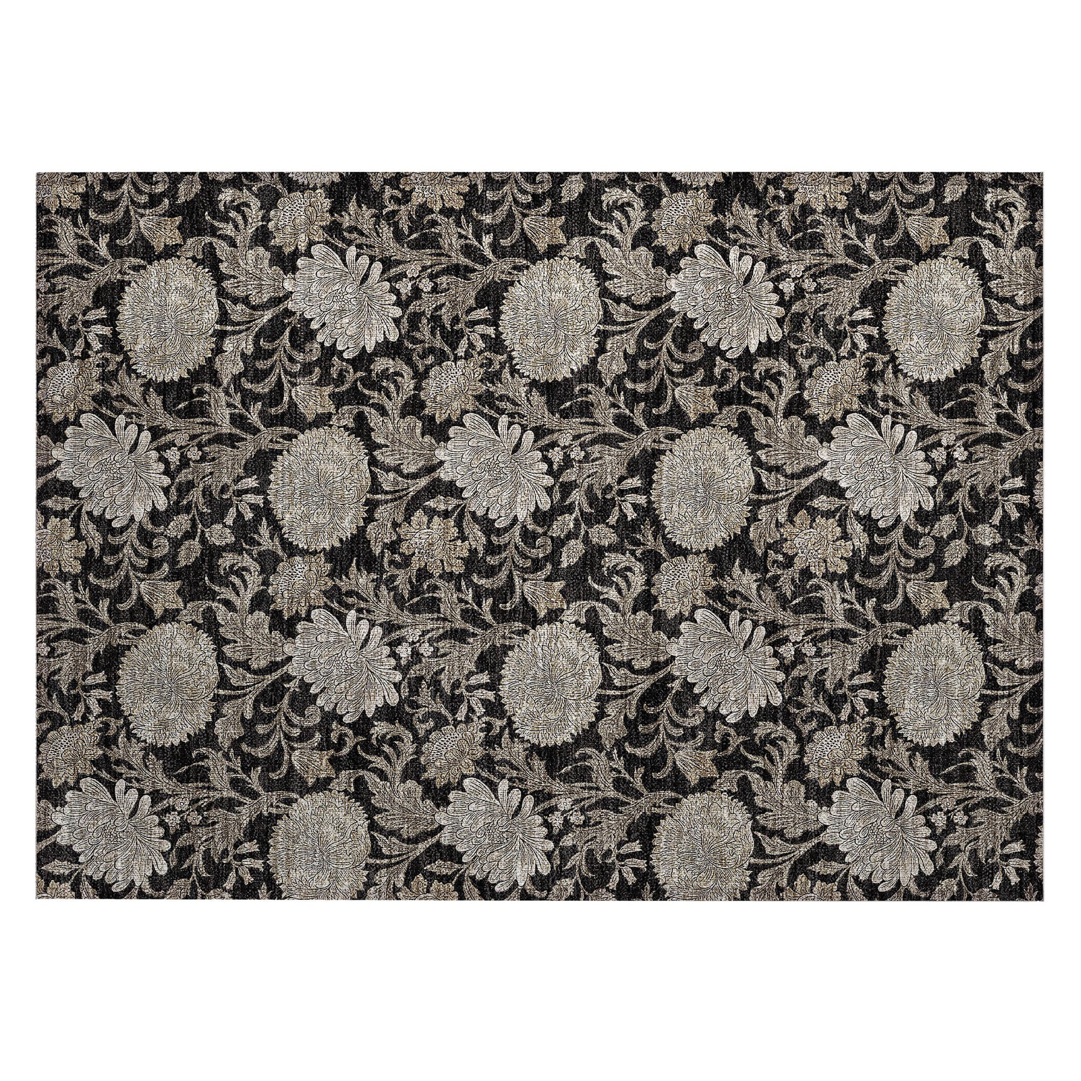 Black Floral Rectangular Machine-Washable Indoor/Outdoor Rug