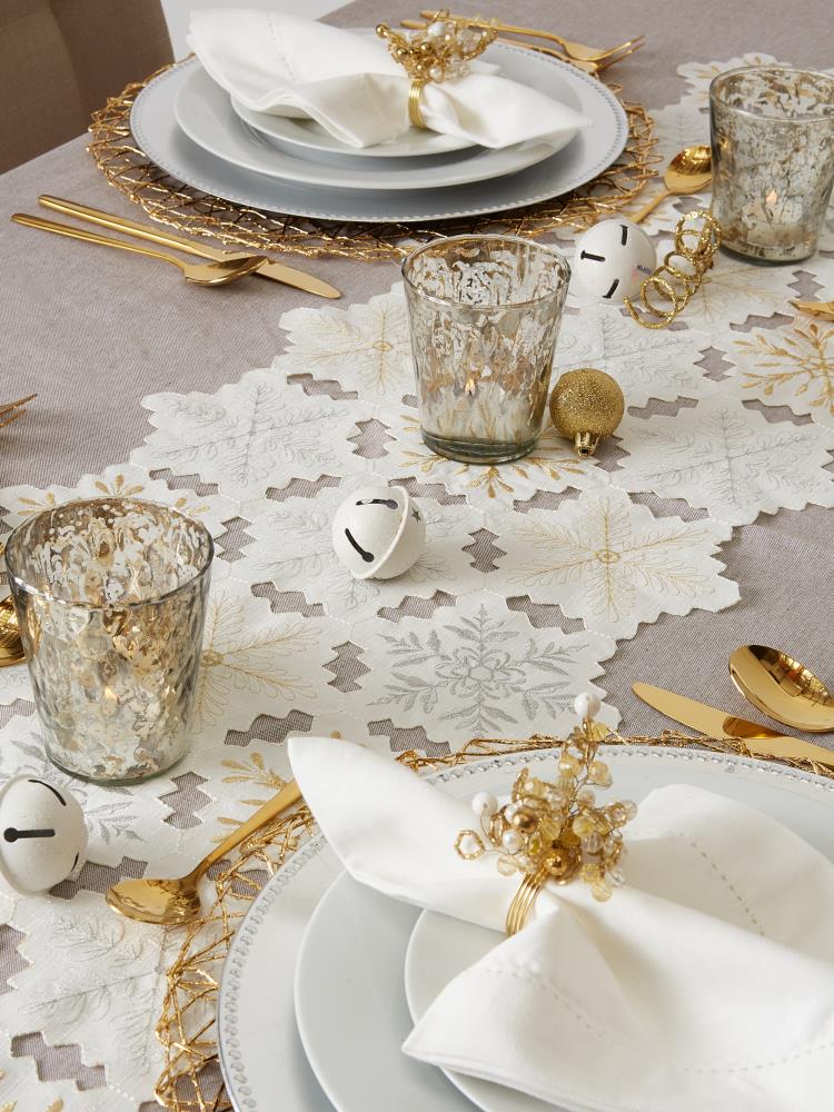 Silver and Gold Embroidered Snowflakes Polyester Table Runner