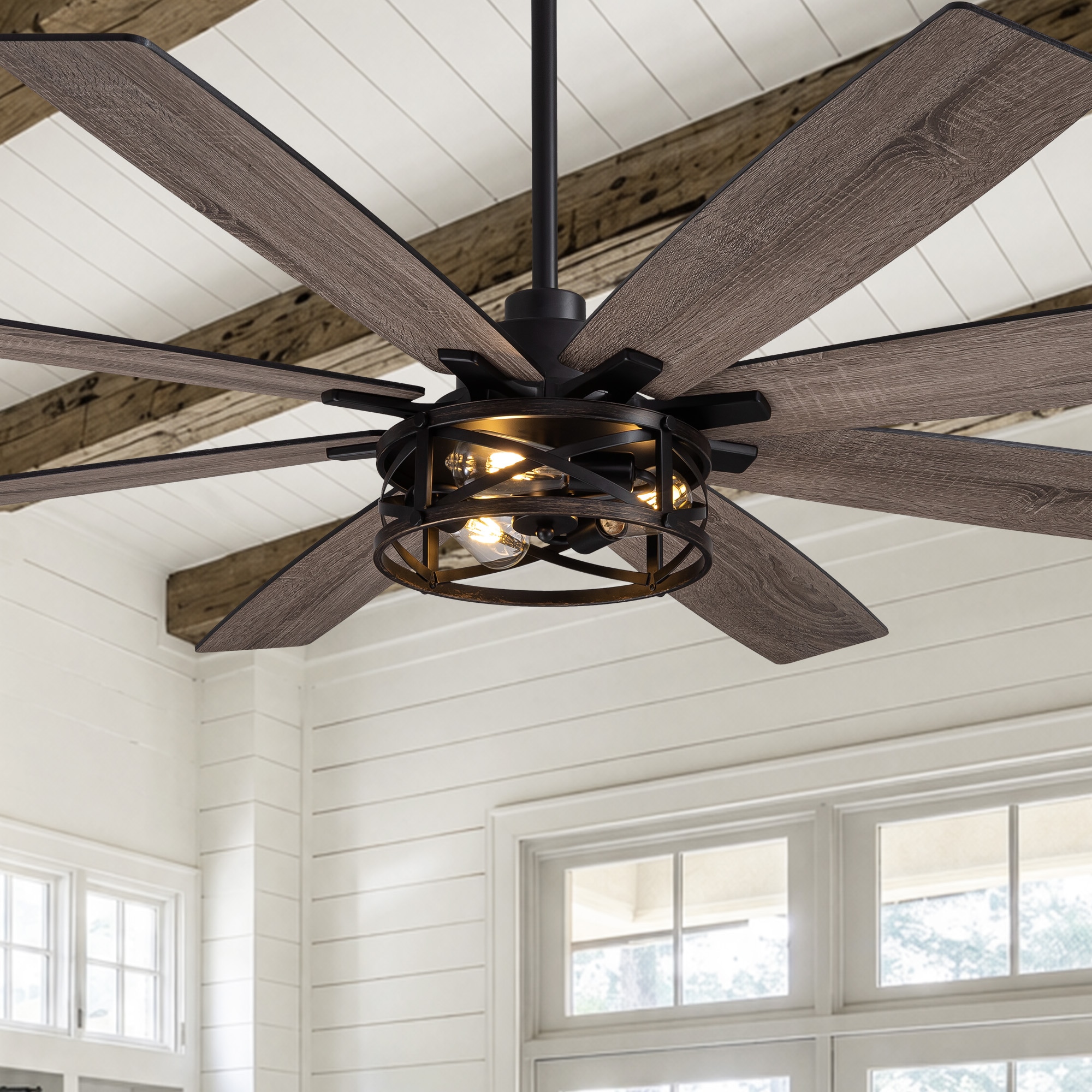 FANNEHONNE 72-In Black and Gold Cage Ceiling Fan with Lights 8 Blade Dual Finish Remote DC Motor for Living Room Bedroom Patio