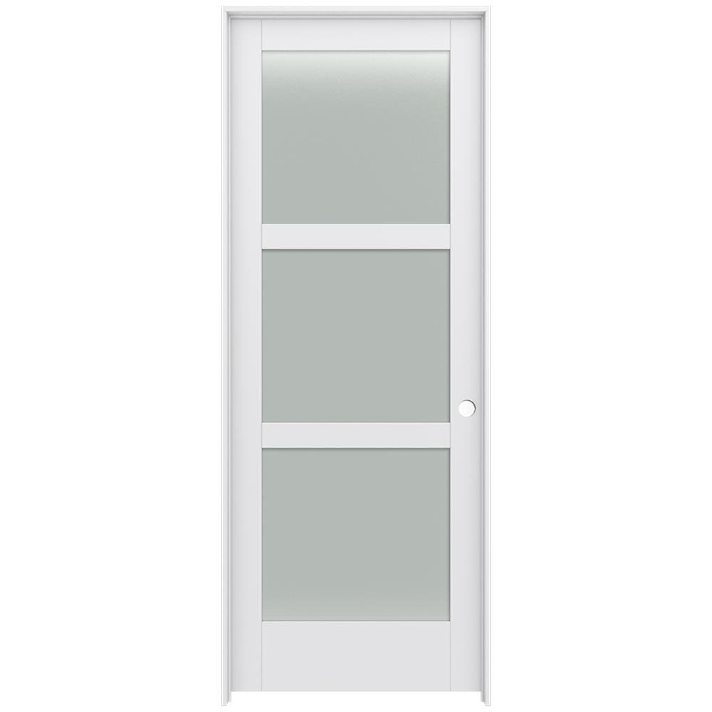 JELD-WEN LOWOLJW221100817 36-in x 96-in Primed Solid core 3-panel square Frosted glass Left hand Smooth Primed MDF Flat Jamb Single Prehung Interior Door