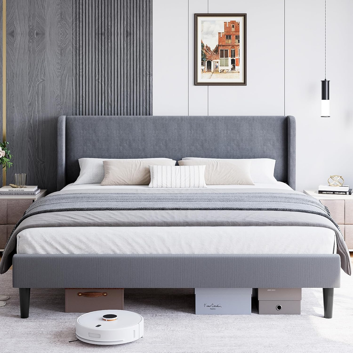 Qeetex PD-PHO-14WN9LKM Queen Upholstered Bed Frame With Headboard-2 Storage Pockets-Wingback Design-Wood Slats-No Box Spring Needed-Noise Free-Dark Gray