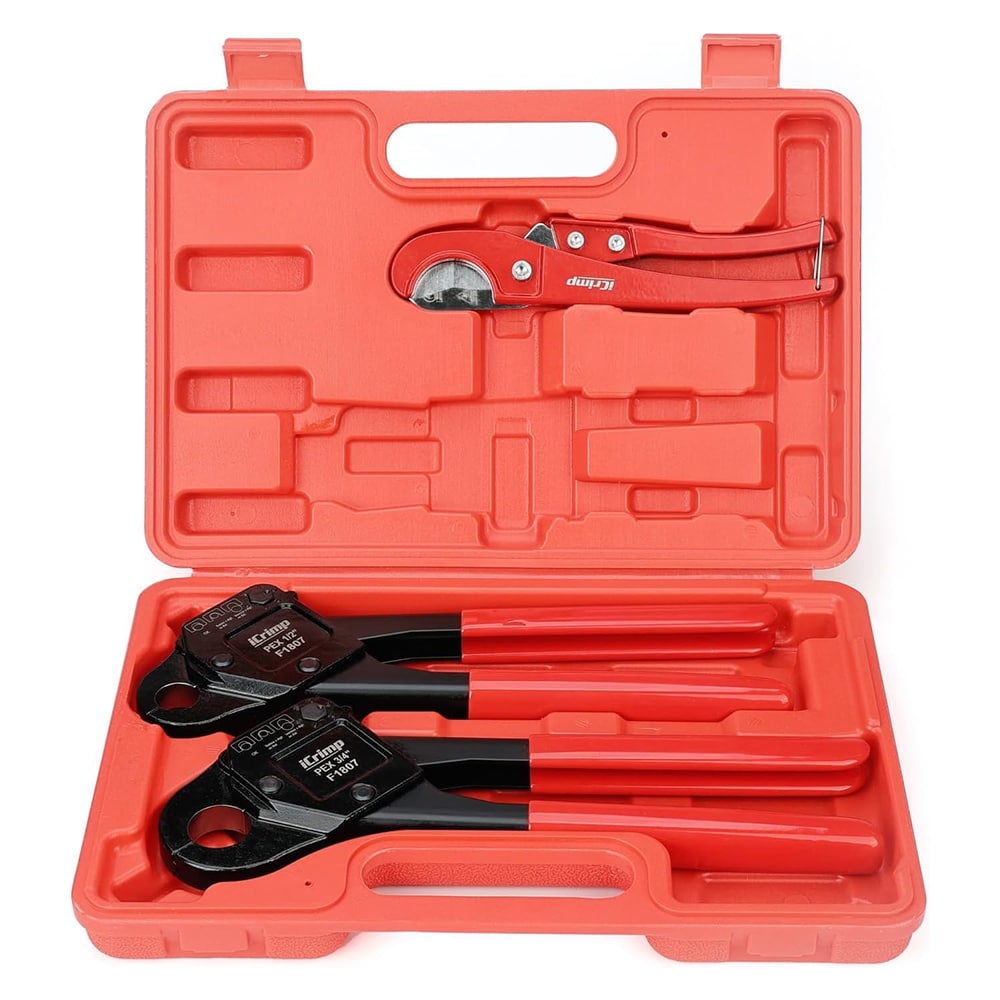IWISS IWS-1807CE PEX Crimping Tool Kit c/w Angle 1/2 and 3/4-in Crimpers and Cutter