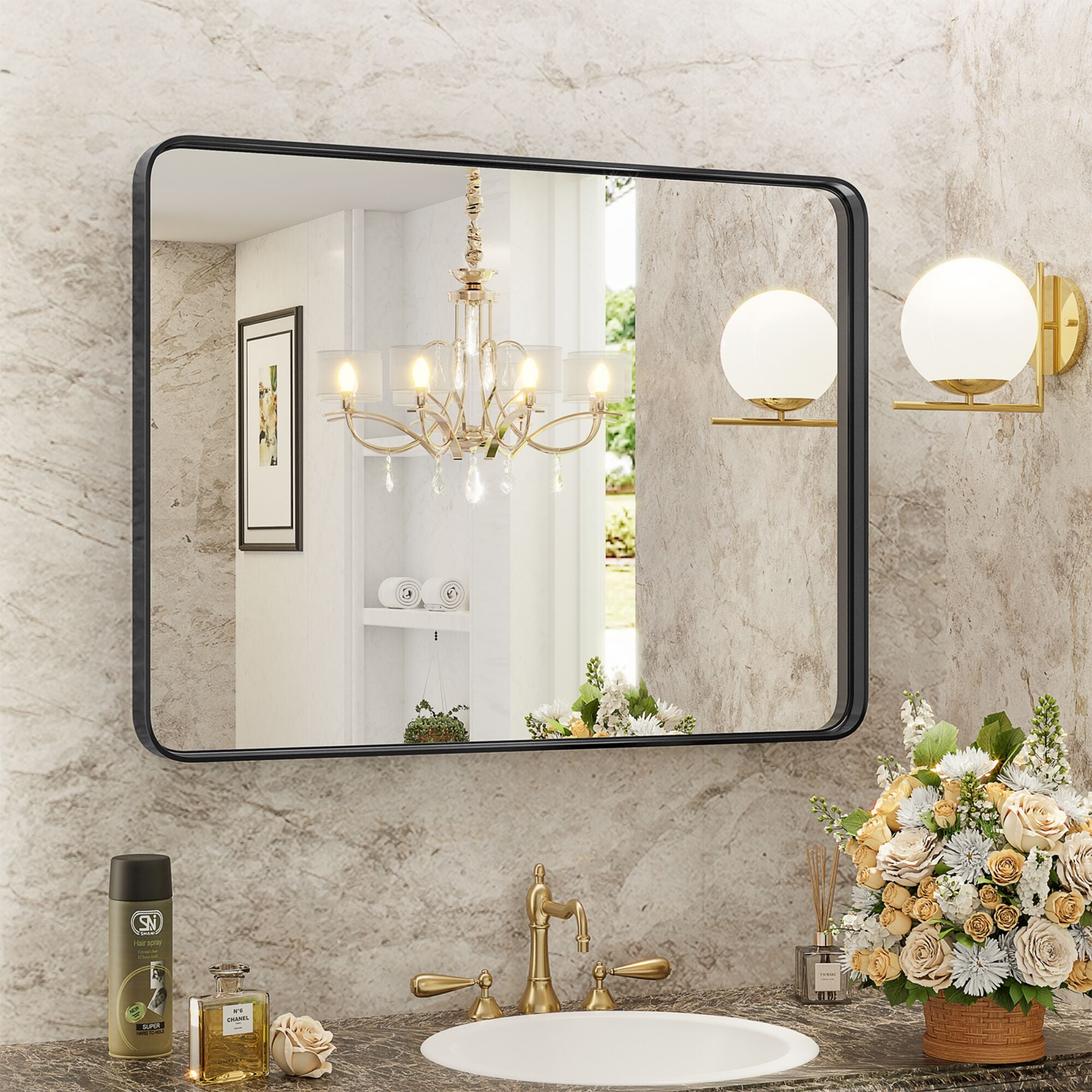 Lirago Matte Black Rectangle Wall Mirror with Rounded Edge Brushed Scratch-Resistant Metal Frame Vanity Mirror for Bathroom Bedroom Entryway 30 in x 40 in