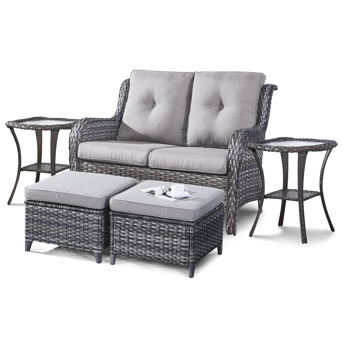 Rilyson FS038016026X2-2 5 -Piece Wicker Patio Conversation Set with Gray Cushions