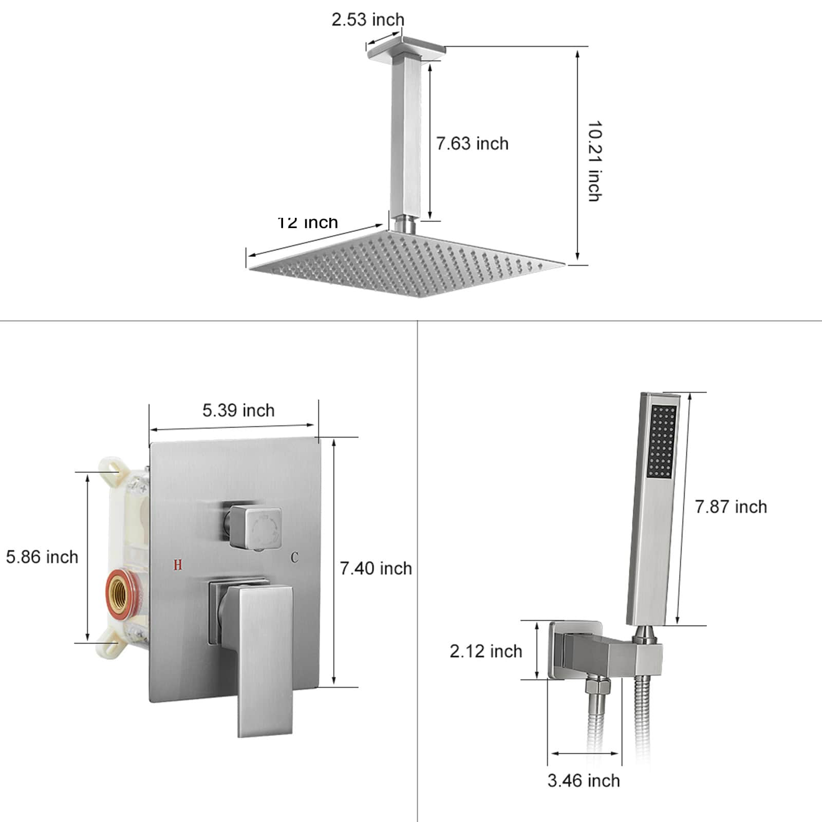 BWE A-95014 Shower Faucet Brushed Nickel 1-handle Multi-function Square ...