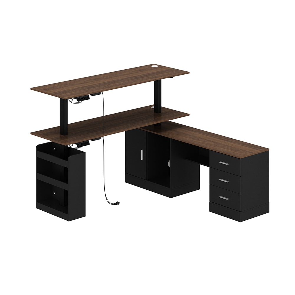 Homsee C-KF150213-03-AB Modern L Shaped Adjustable Height Computer Desk in Black and Wood Finish with Three Spacious Drawers and One Cabinet for Home Office Workstation