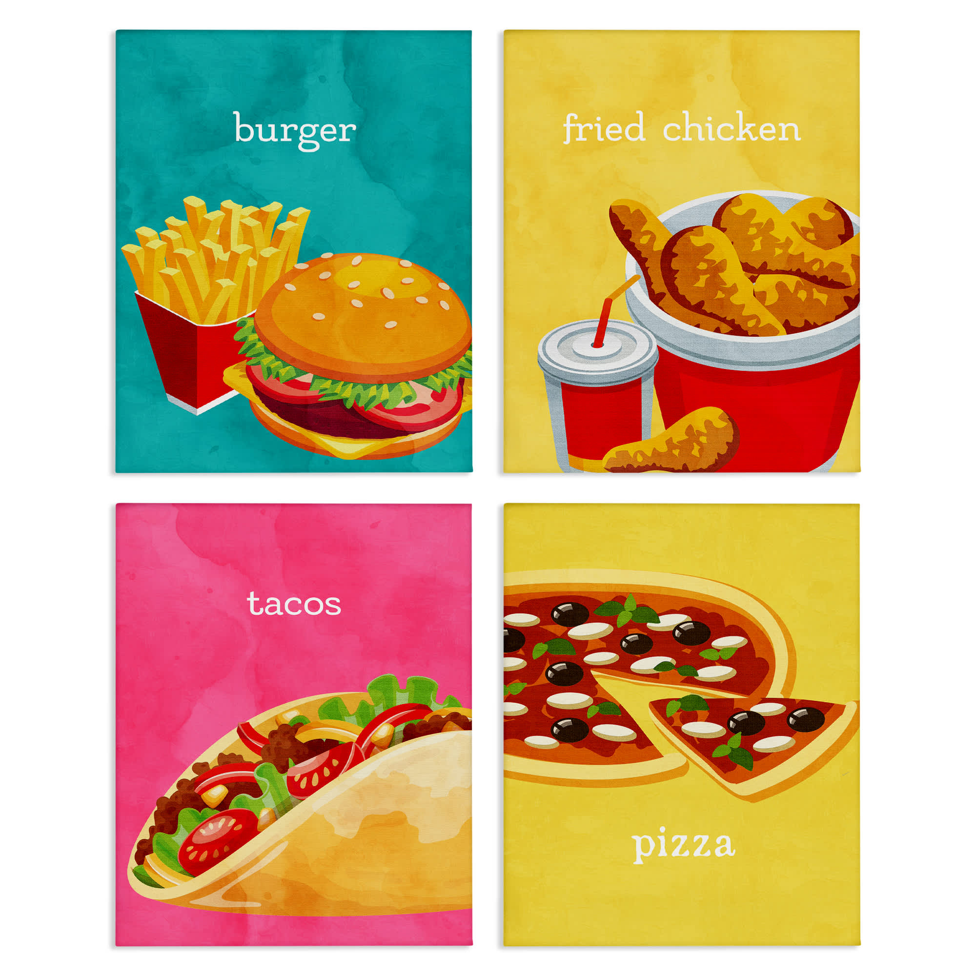 Stupell Industries A4-261-CN-4PC-16X20 Delicious Fast Food Meals 4 Piece Canvas Wall Art Set By Kim Allen 16 x 20