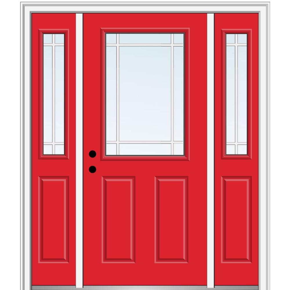 MMI DOOR ZZ360773R 64-in x 80-in x 4-9/16-in Fiberglass Half lite Right-hand inswing Red Saffron Painted Prehung Front Door with Sidelights with Brickmould Insulating core with Grilles