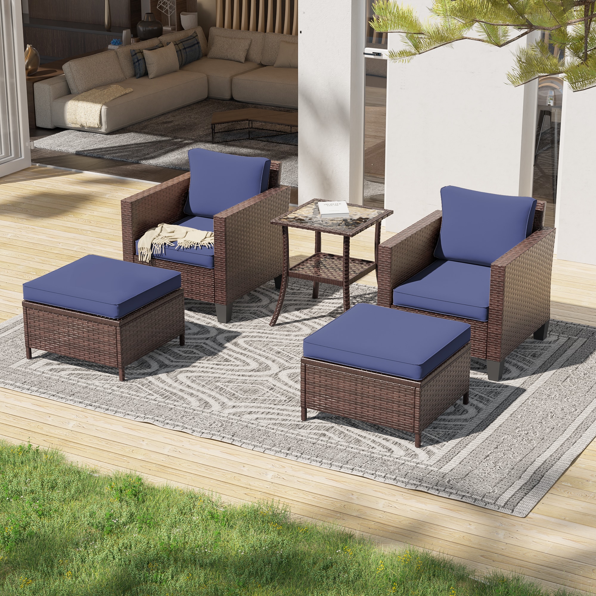 ACEGOSES LW-146-NY 5 -Piece Wicker Patio Conversation Set with Navy Cushions