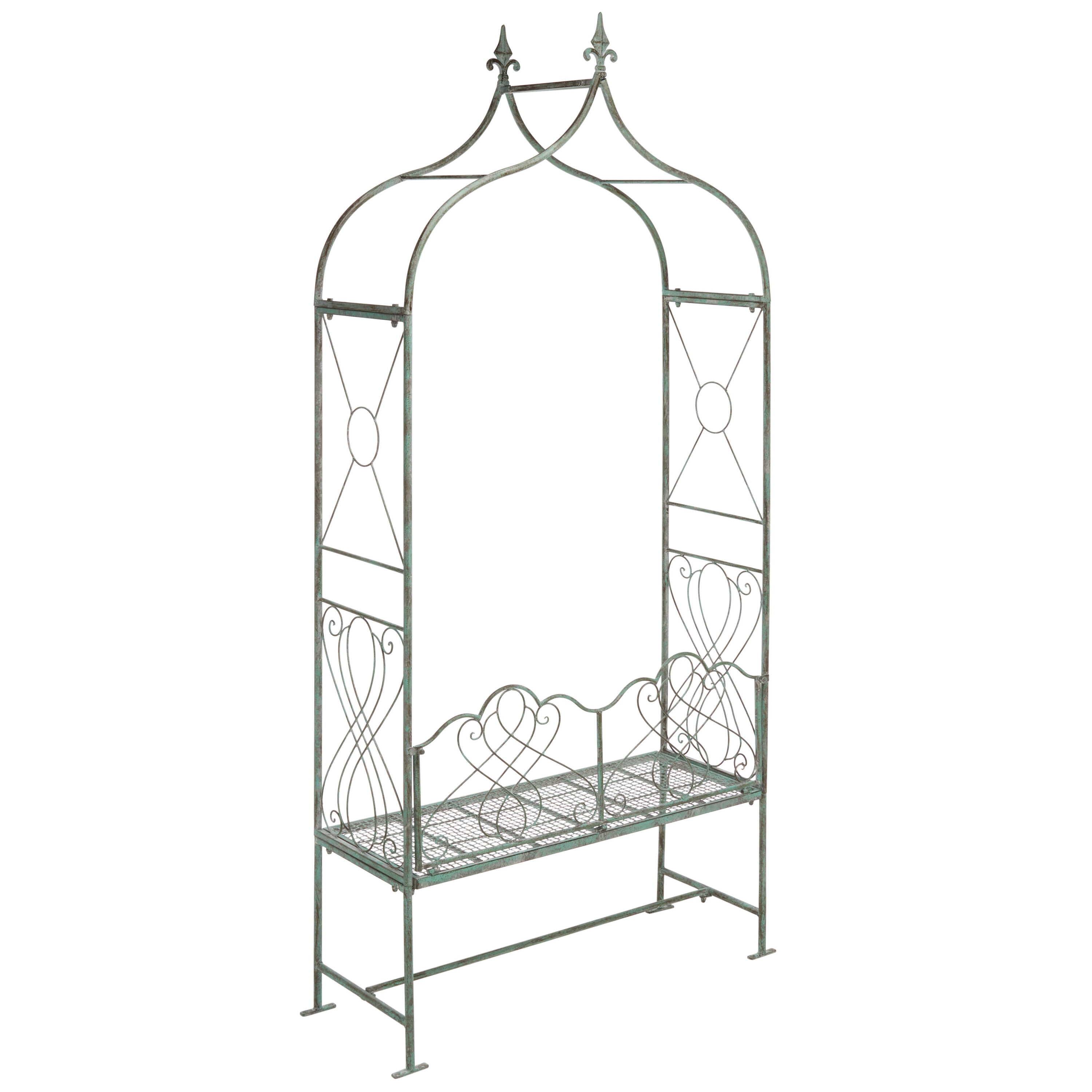 Antique Green Iron Garden Arbor Bench with Victorian Scrollwork