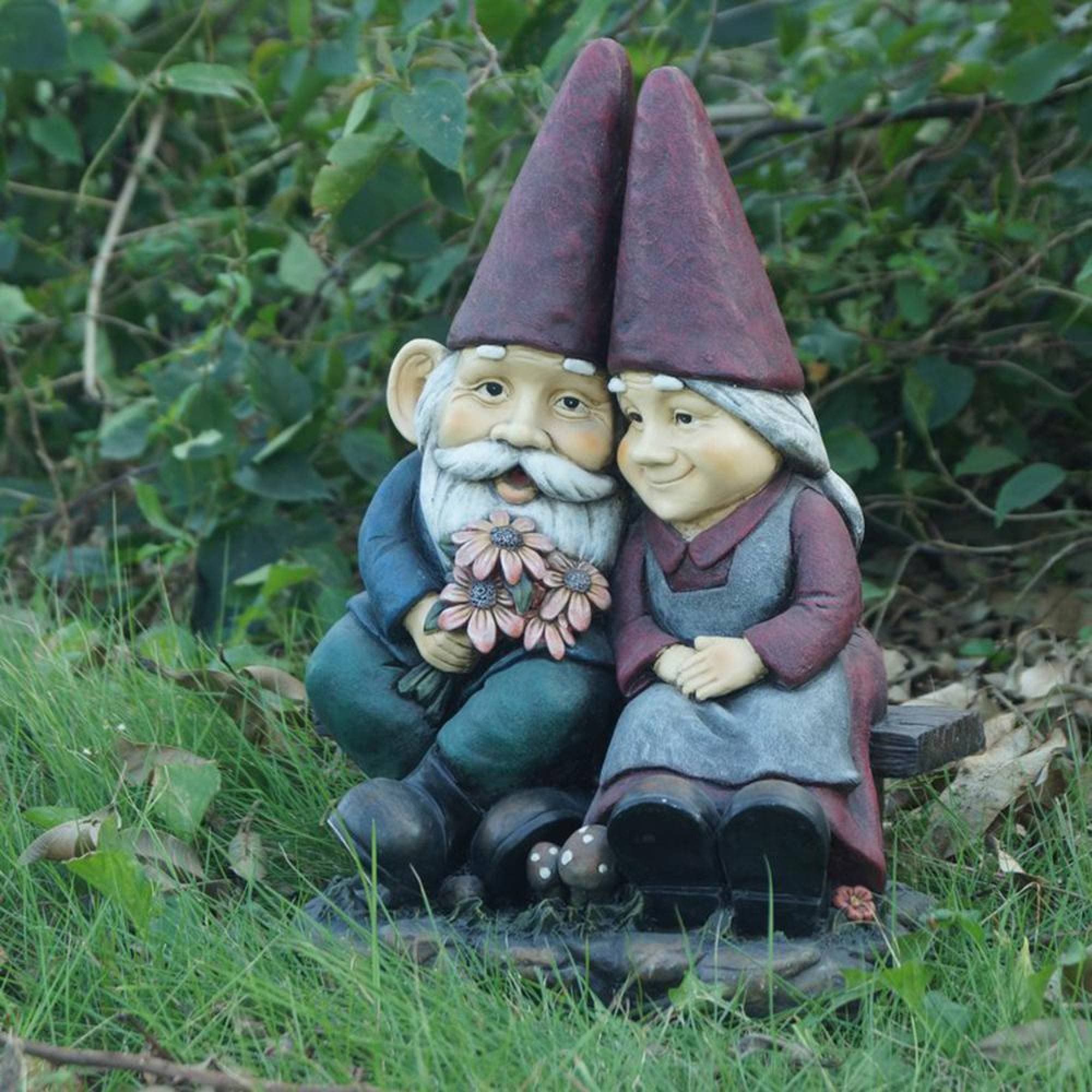 Whimsical Polyresin Gnome Couple on Bench Statue