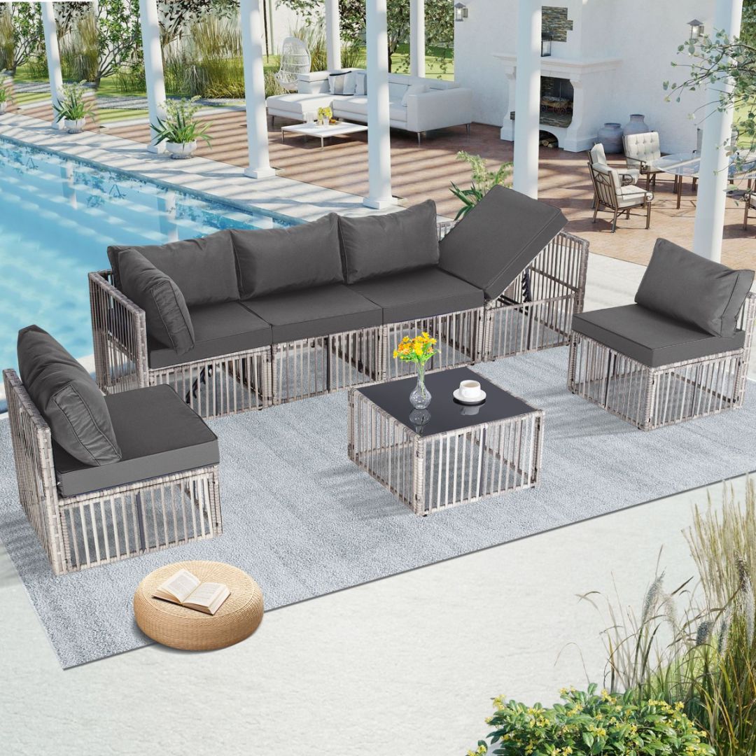 EarlGrove LS-HBKT0012GYGY 7 -Piece Wicker Patio Conversation Set with Gray Cushions