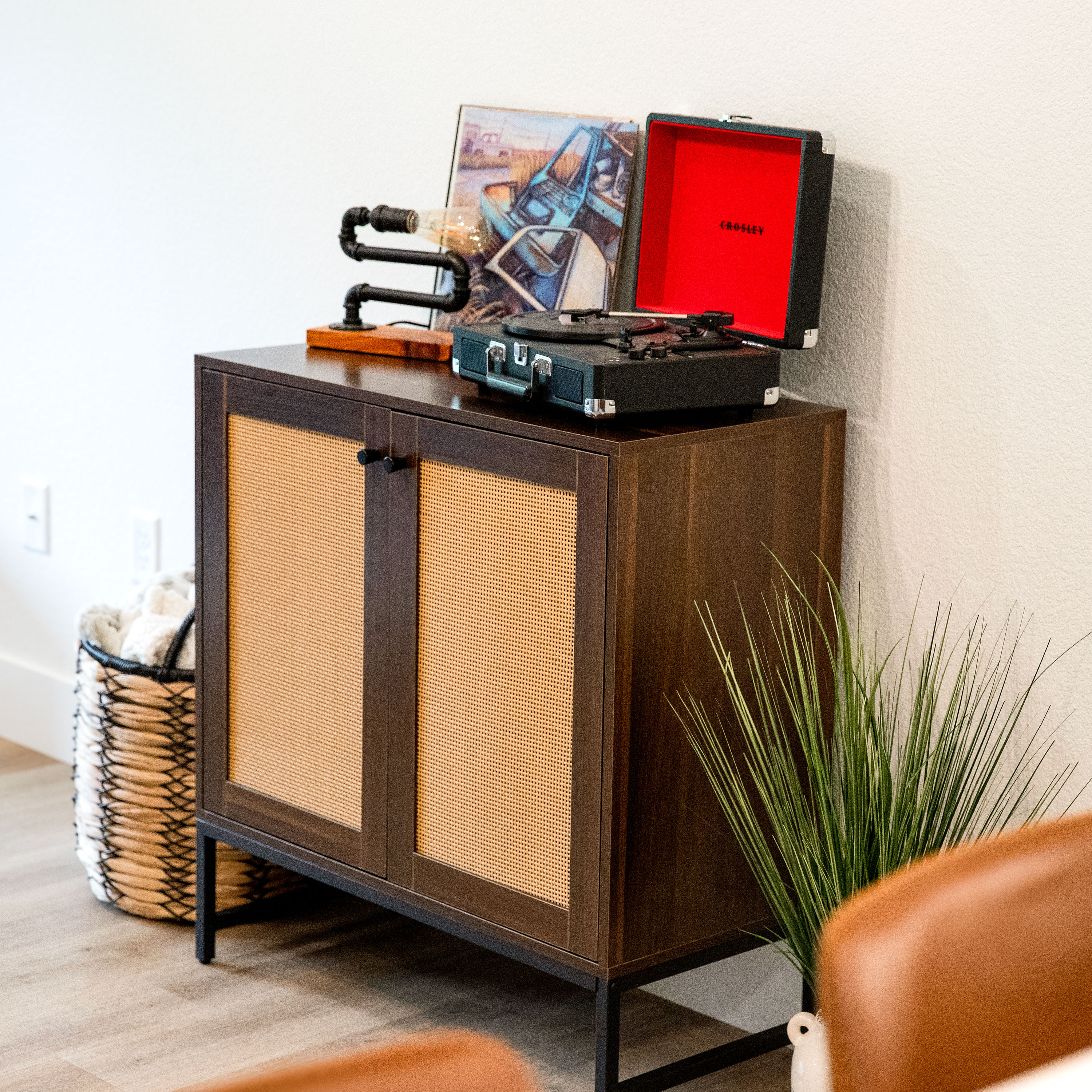 Dark Brown MDF and Rattan 2-Door Office Cabinet with Adjustable Shelving