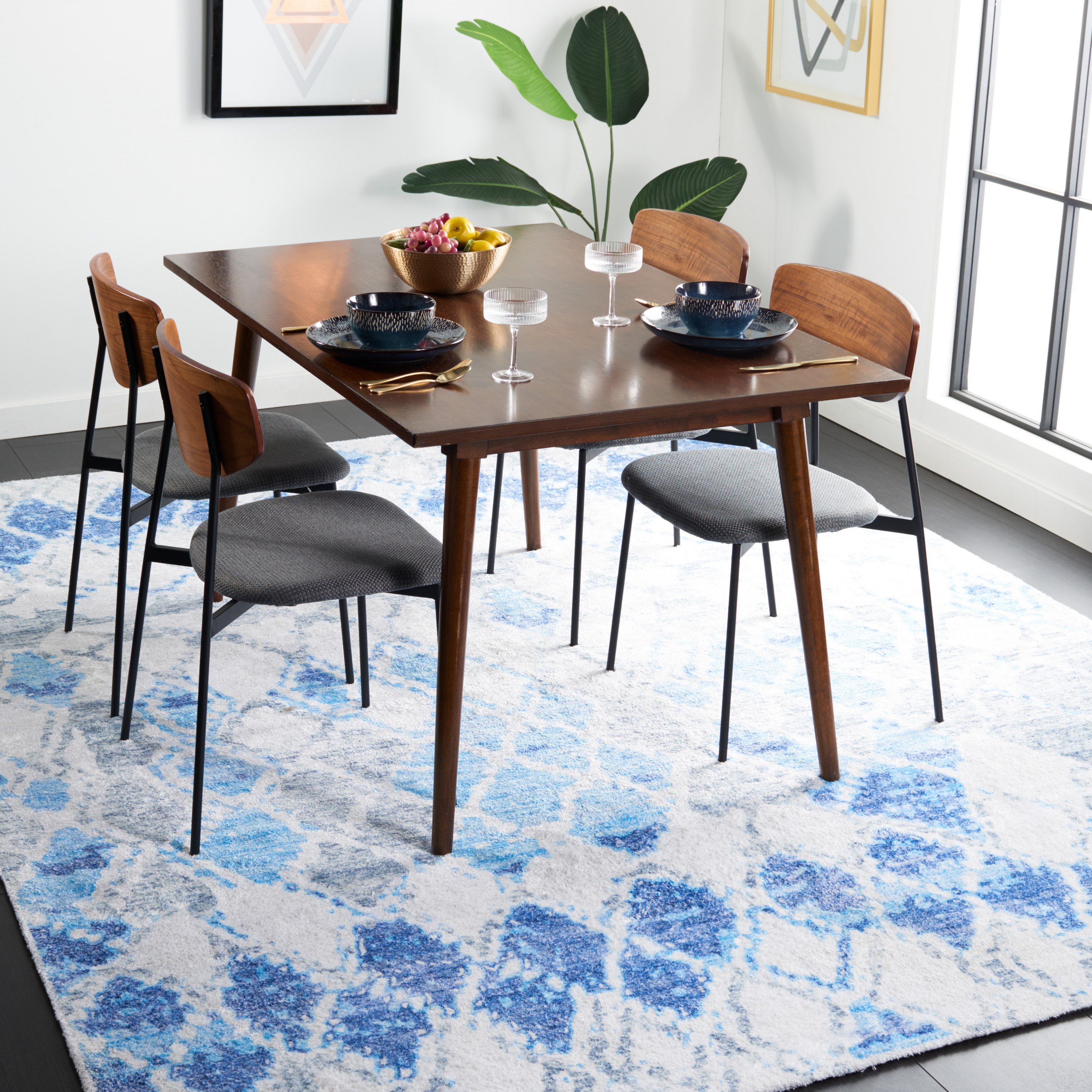 Hand Loomed Ivory and Blue Flat Weave Wool-Cotton Rug - 3'x5'