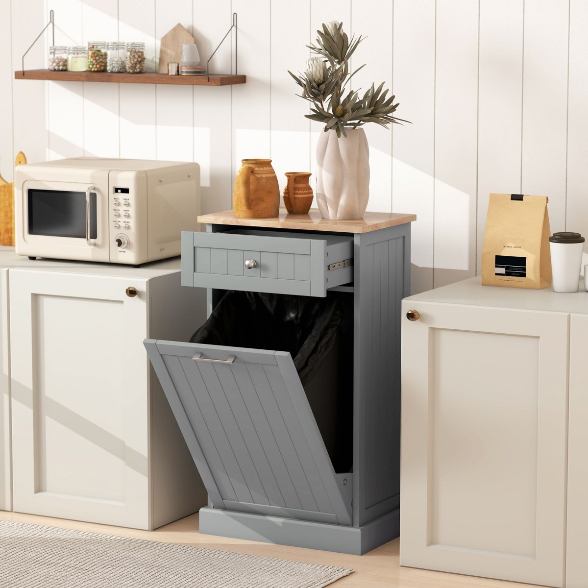 GlasFlength  35.5 Inch 10 Gallon Tilt Out Trash Bin Slim Pantry Cabinet Small Kitchen Cabinet Free Standing Pantry Cabinet Kitchen Storage Cabinet for Kitchen Dining Room Light Gray