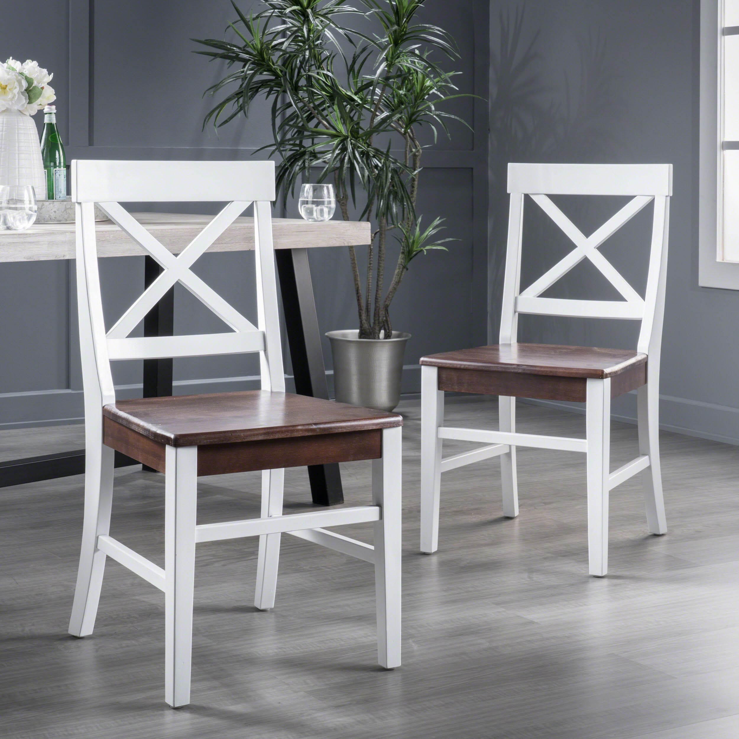 Rustic Acacia Wood Dining Chairs in White and Walnut, Set of 2
