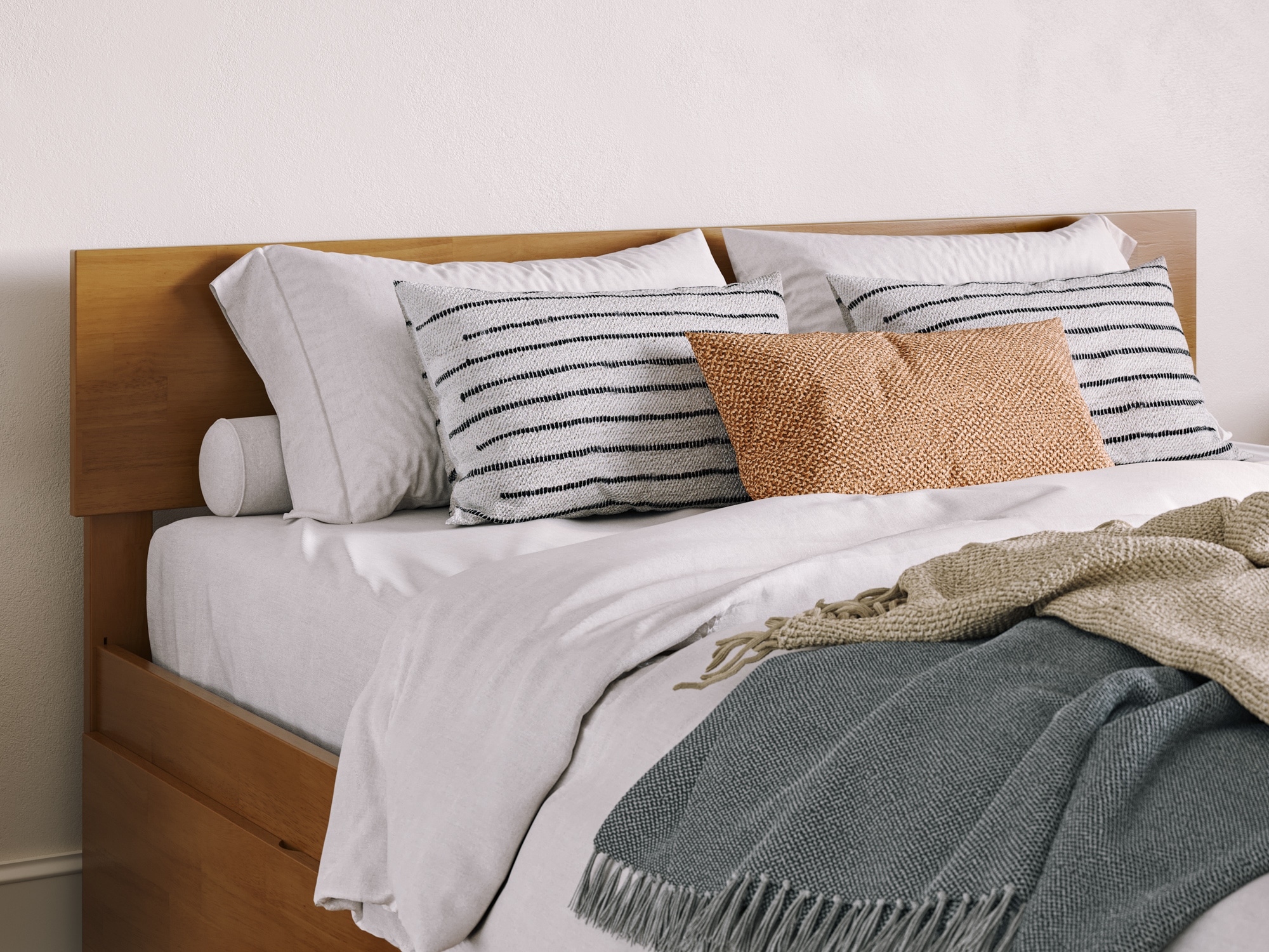 Light Brown Queen Wood Platform Bed with Storage Drawer