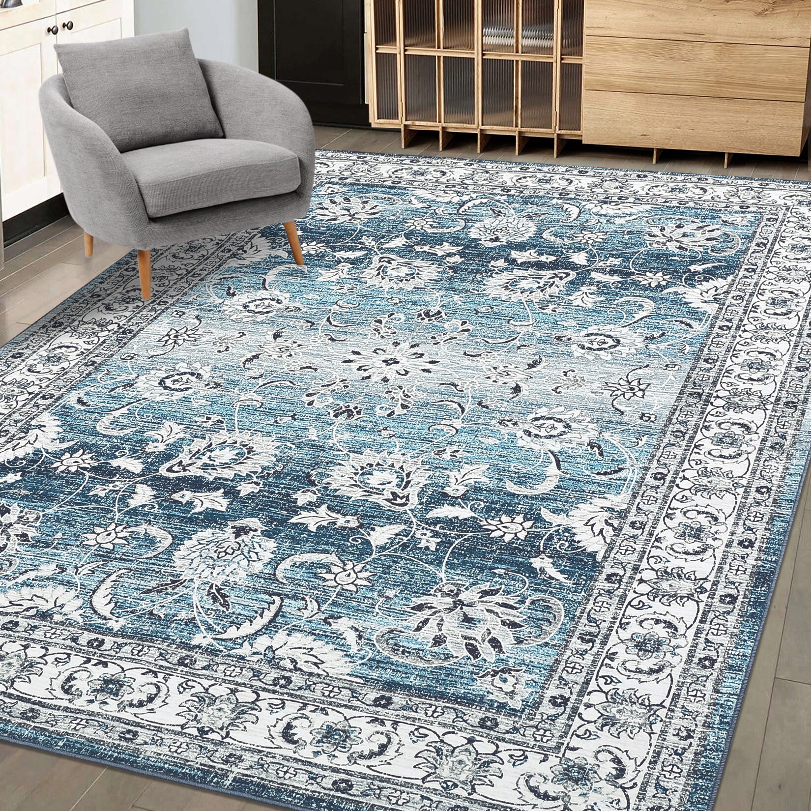 Garvee YXY-LO-PHO-108AMBU6 5 x 7 (ft) Loomed Polyester Dark Blue Rectangular Indoor Floral/Botanical Persian Machine washable Area rug