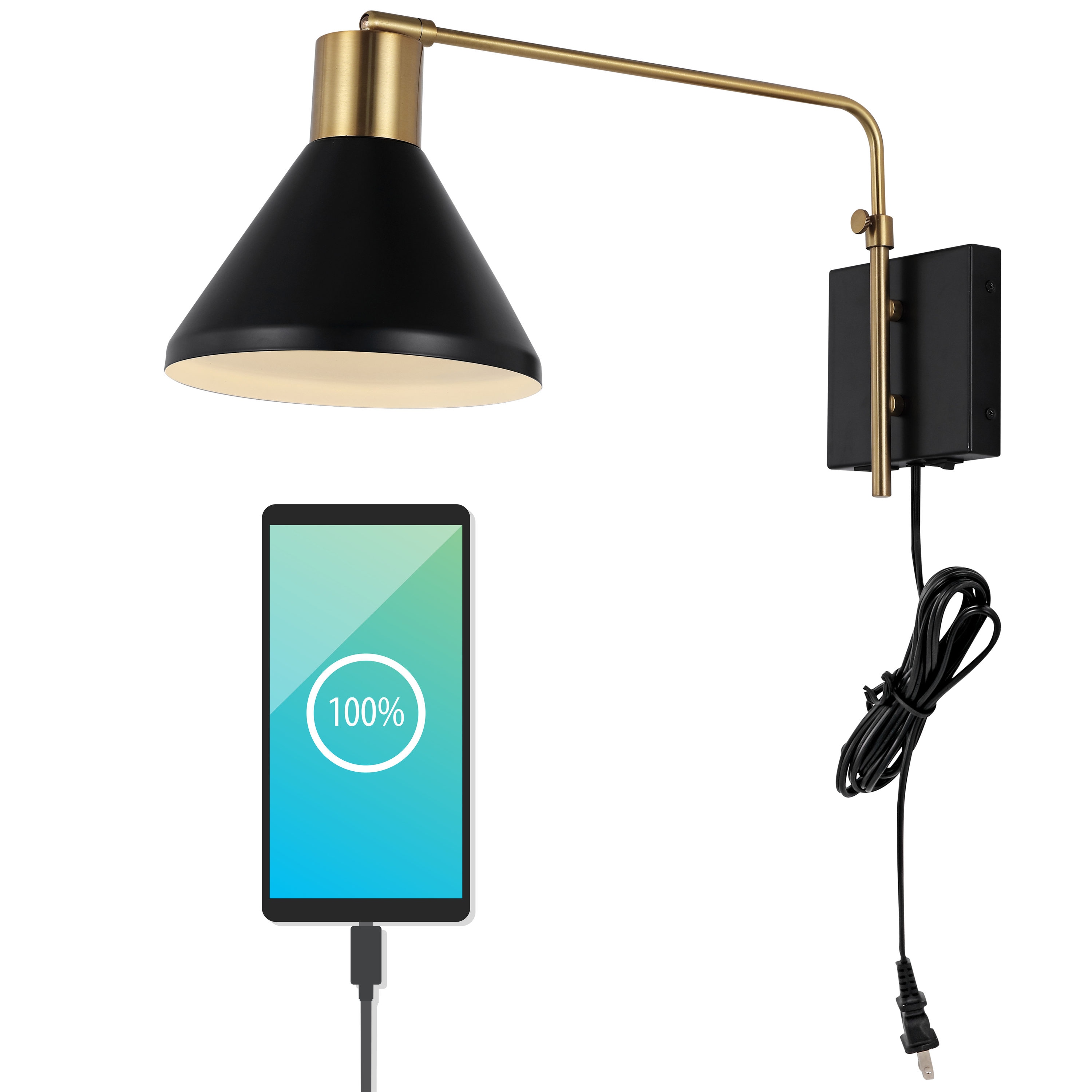 JONATHAN  Y JYL1303B Max Iron Swing Arm with USB Charging Port Mid-Century 8-in W 1 -Light Satin Black Wall Sconce