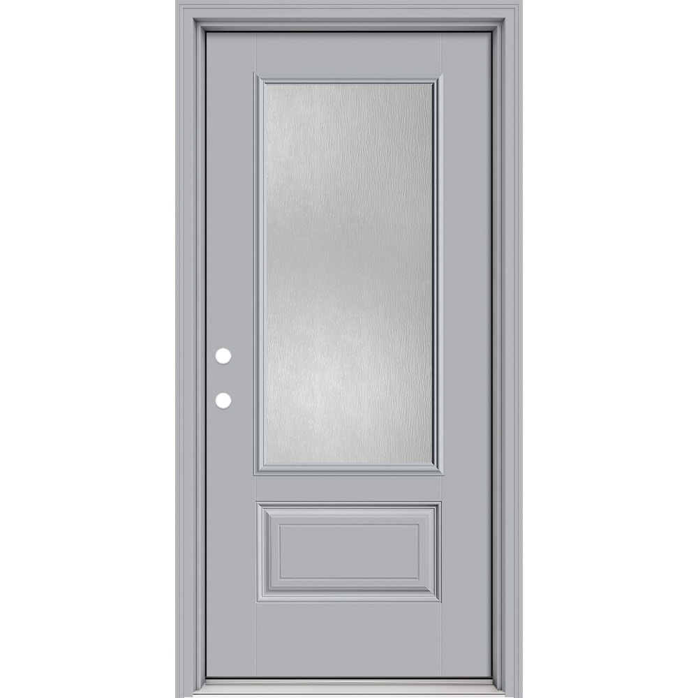 Masonite 630641 Performance Door System 32-in x 80-in x 4-9/16-in Fiberglass 3/4 lite Right-hand inswing Infinity Gray Painted Prehung Front Door with Brickmould Insulating core