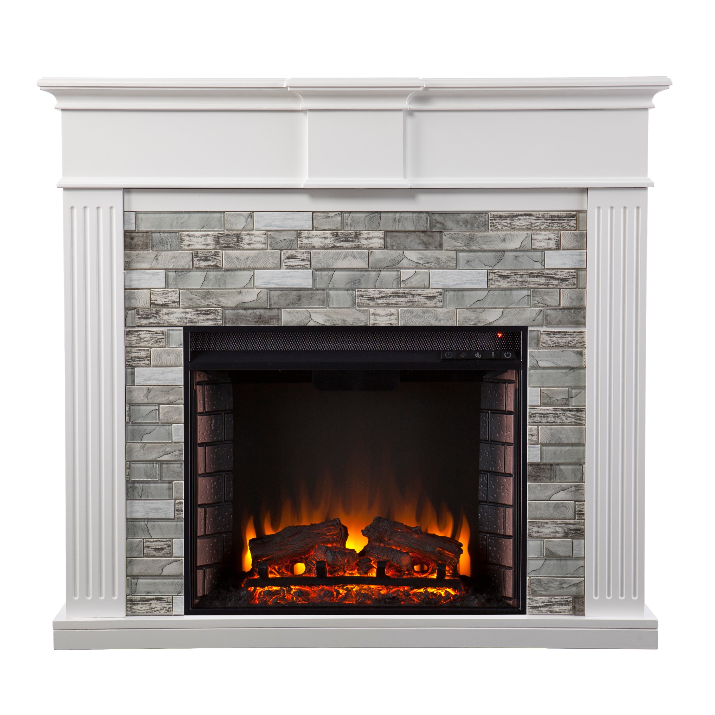 Southern Enterprises FE1157059 41.75-in W White and gray Free standing Fan-forced Flat wall Electric Fireplace with Remote Control Included