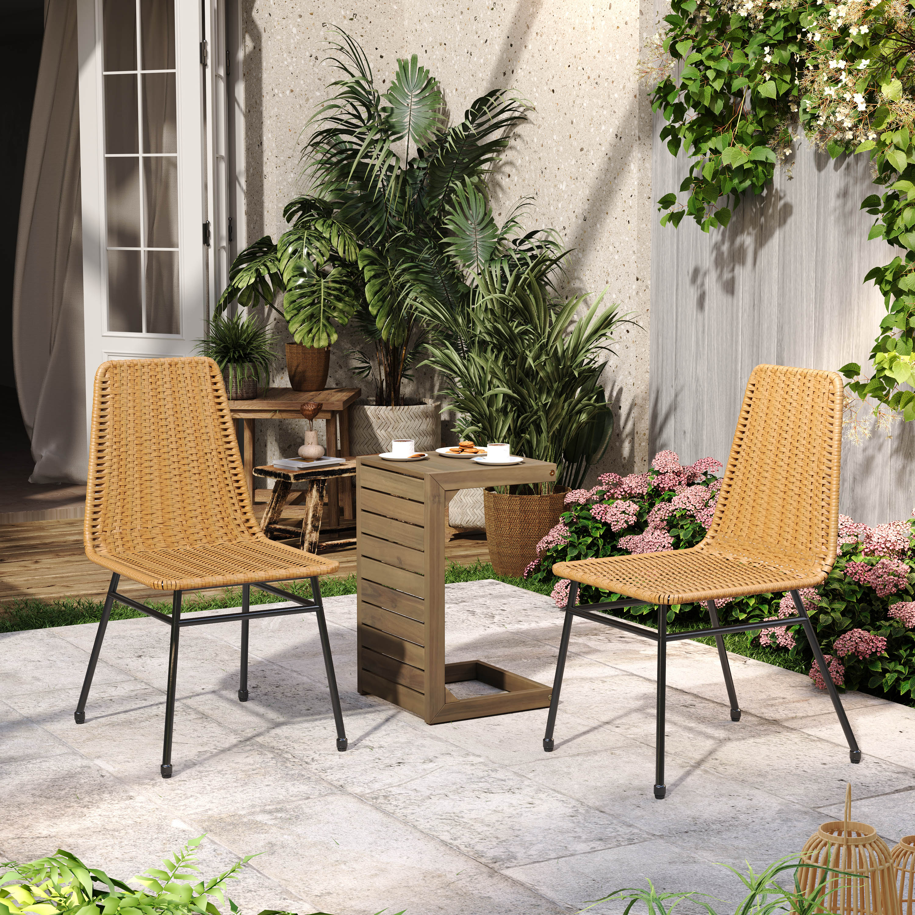 Christopher Knight Home 321497 Owen Acacia Wood and Rattan Outdoor Chat Set for Stylish Lounging-Light Brown Chair+Dark Brown accent table
