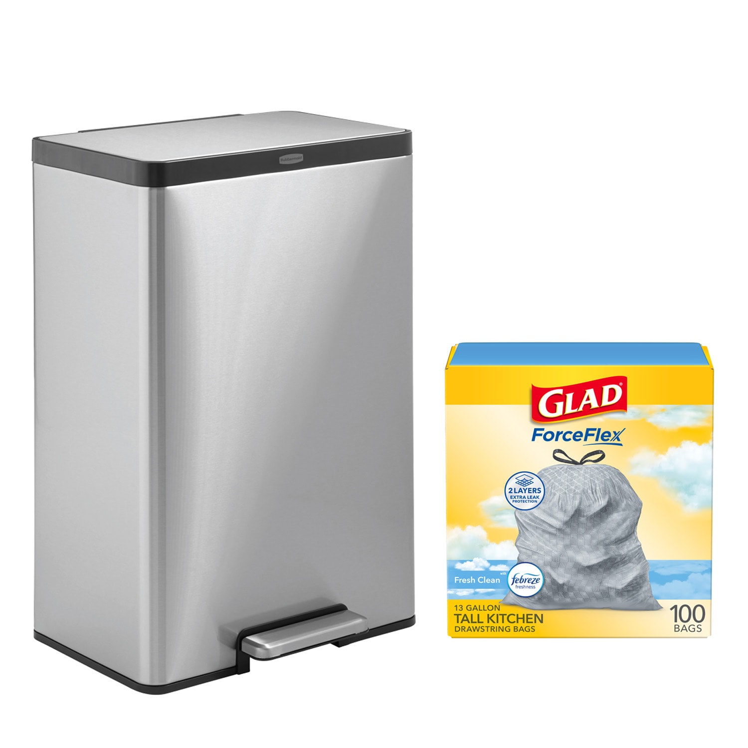 Rubbermaid  12-gal Silver Metal Indoor Step Trash Can w/ Glad ForceFlex Febreze Fresh Clean Trash Bags (100ct)