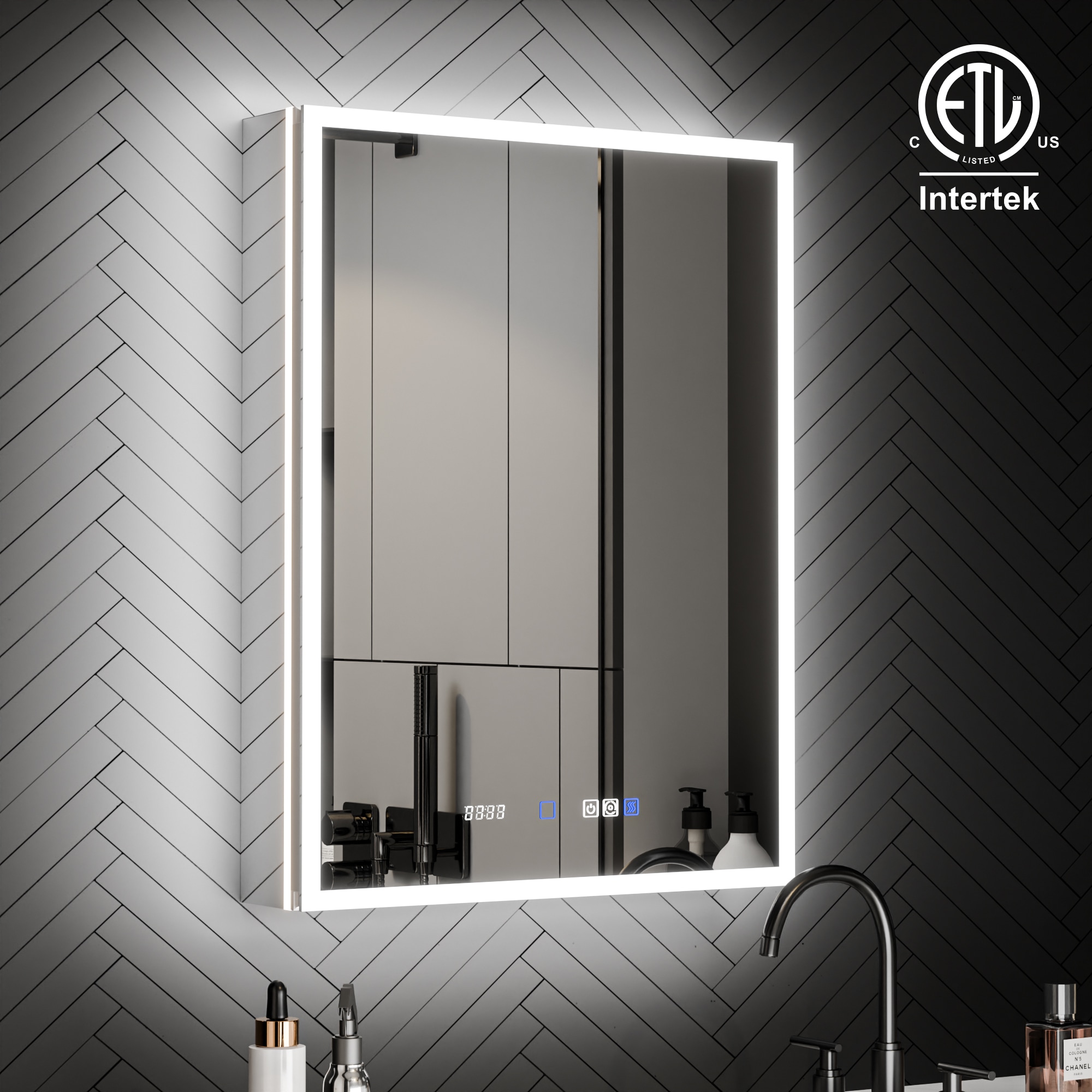 ExBrite EXMC2436V12RX Astra 24-in x 32-in Lighted LED Fog Free Surface/Recessed Mount Stellar Silver Mirrored Rectangle Soft Close Medicine Cabinet with Outlet