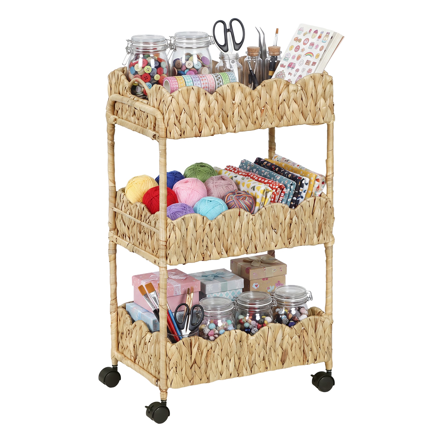 LITTLE TREE 3 Tier Water Hyacinth Rolling Cart Nursery Cart with Wheels Metal Frame Utility Cart Craft Organizers and Storage for Bathroom Kitchen Nursery Art Craft Laundry Room