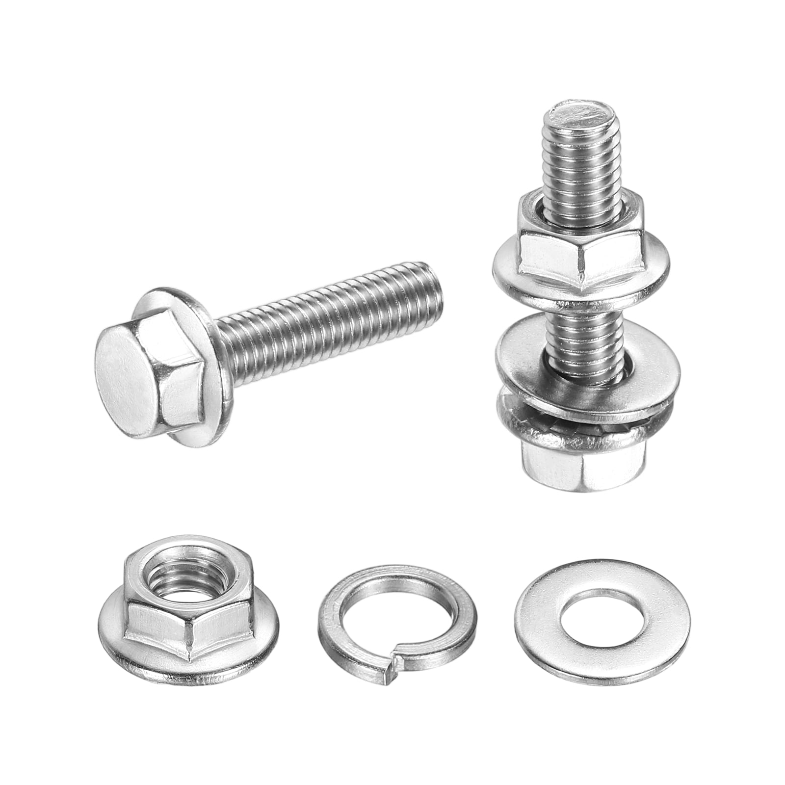 Unique Bargains M5 x 20mm Phillips Flanged Hex Head Bolts 20pcs 304 Stainless Steel Flange Hexagon Screws with Nuts Flat and Lock Washers Fully Threaded for Machinery Industry Home Silver