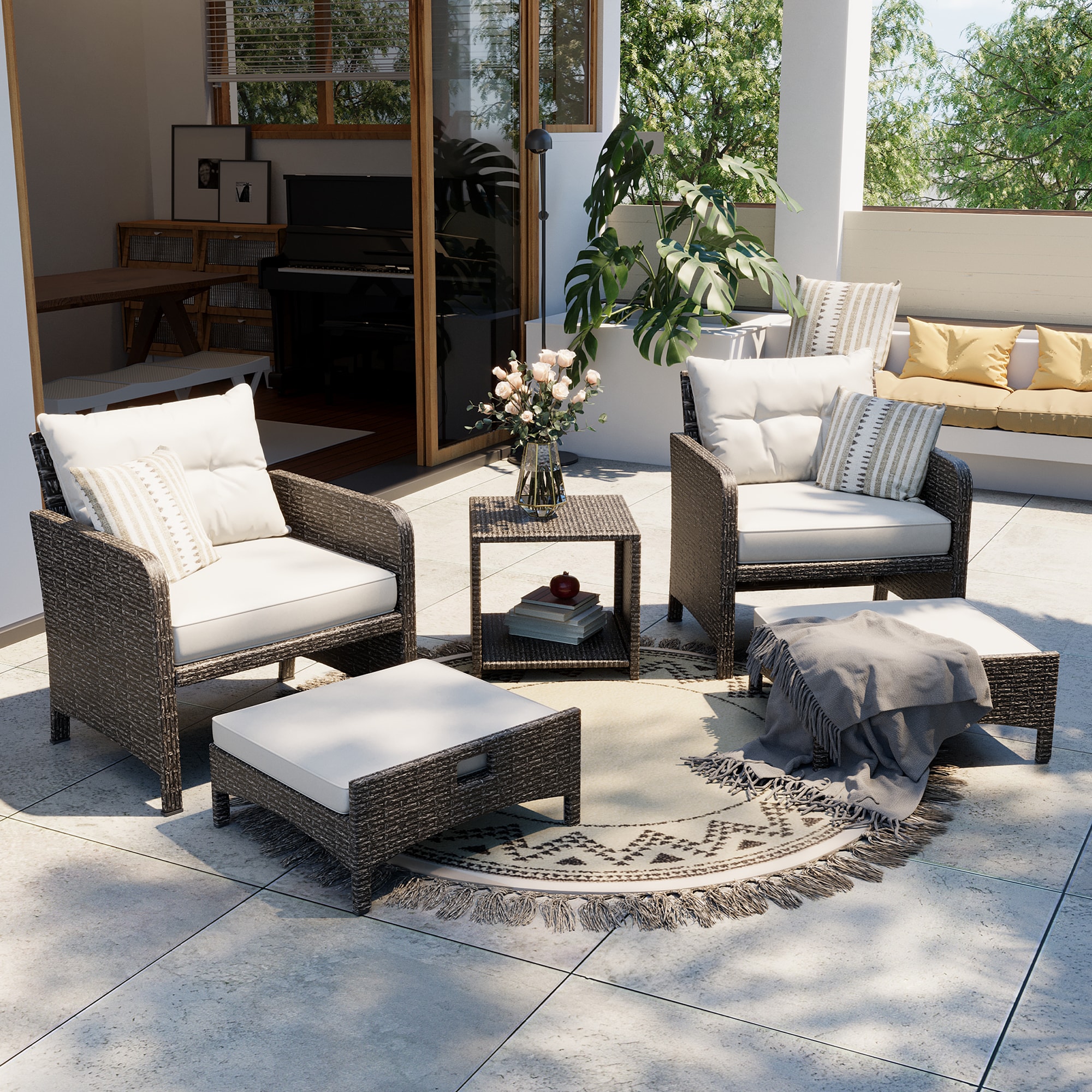 PamaPic BT-JDH5-WL1 5-Piece Patio Conversation Set 5 -Piece Wicker Patio Conversation Set with Gray Pamapic Cushions