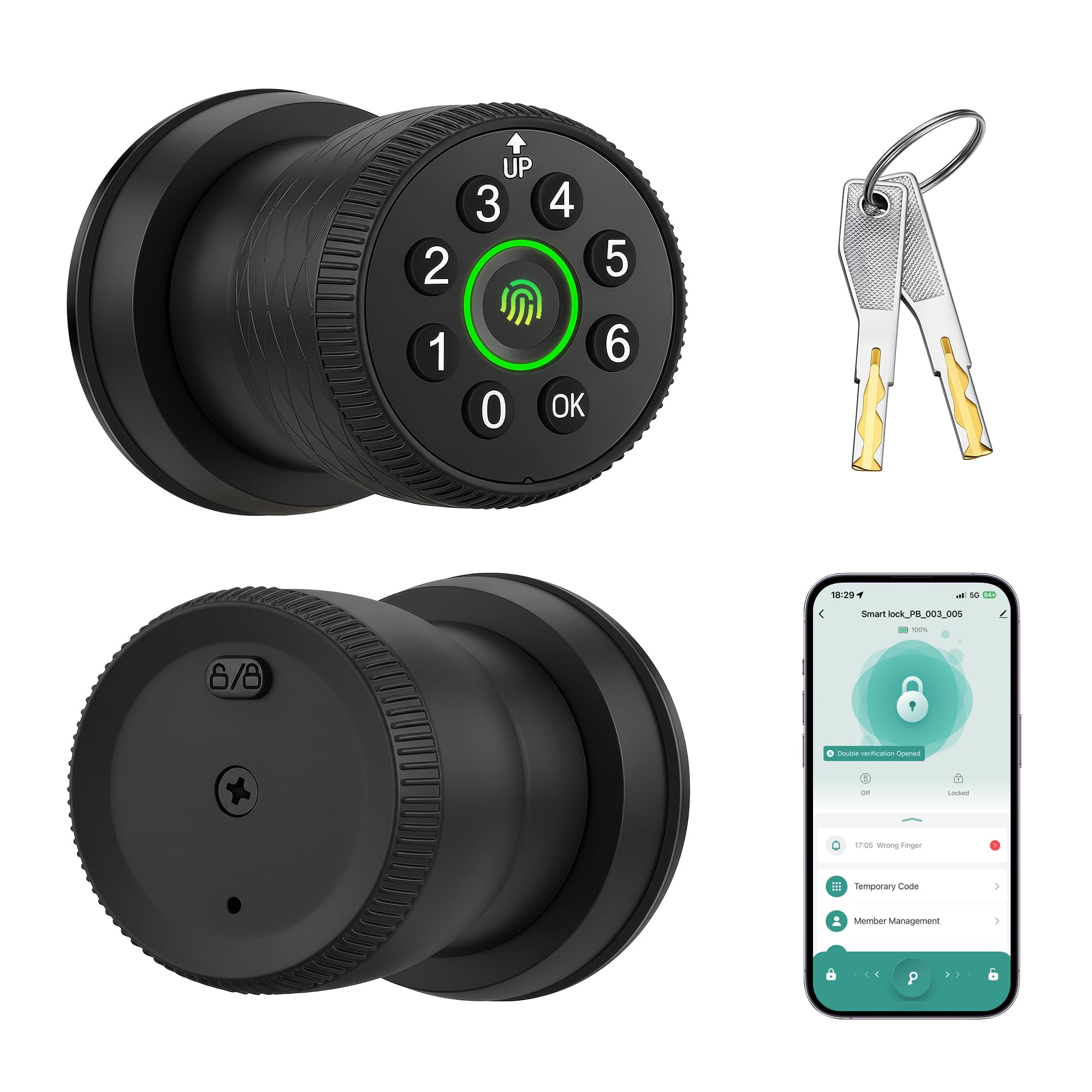 Lukvuzo  Smart Biometric Door Lock Fingerprint Keypad Electronic Door Knob for Front Bedroom Interior Exterior Use Matte Black