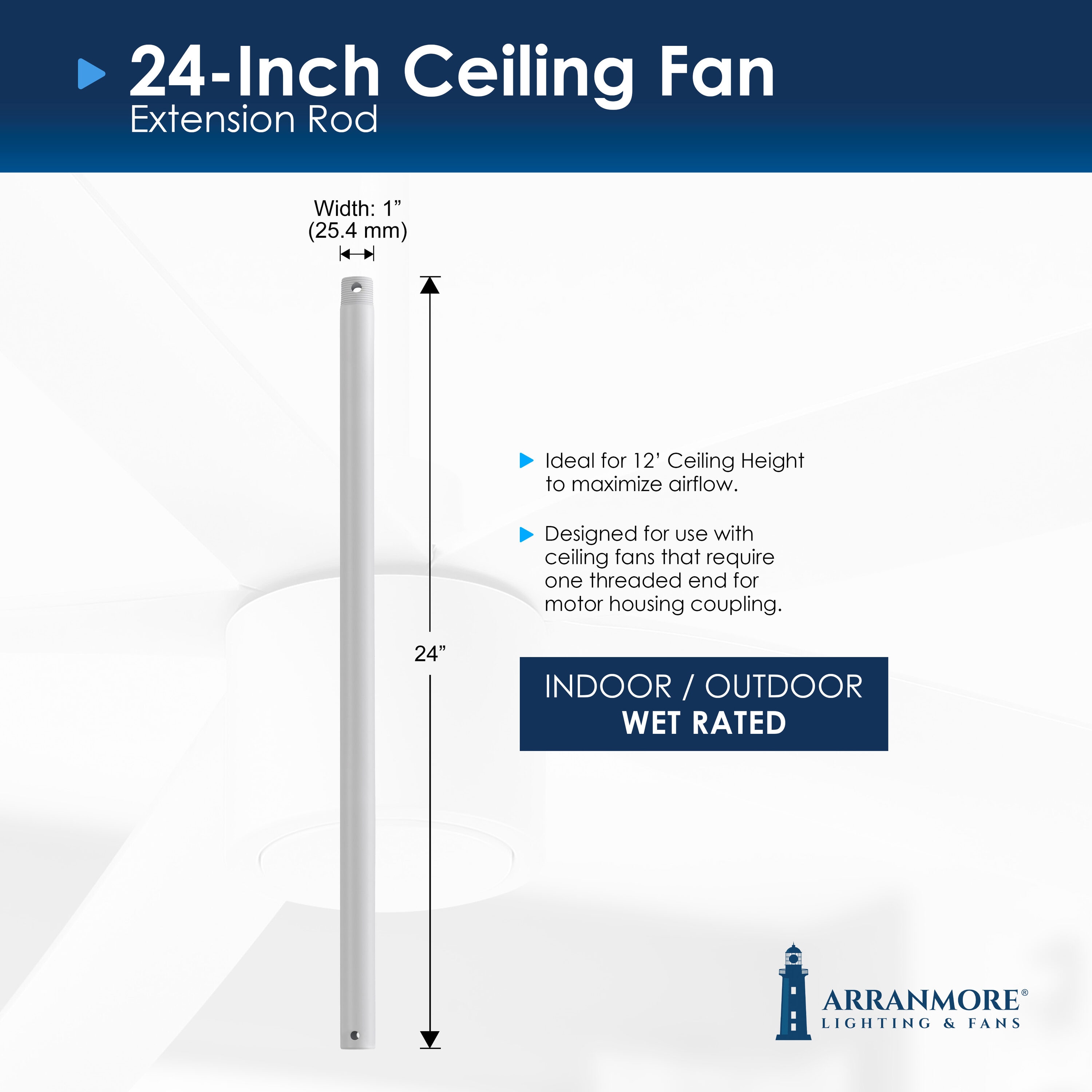 Arranmore Lighting & Fans AR-T24WH 24-in Matte White Steel Indoor/Outdoor Angle Mount Capable Ceiling Fan Downrod adapter Downrod