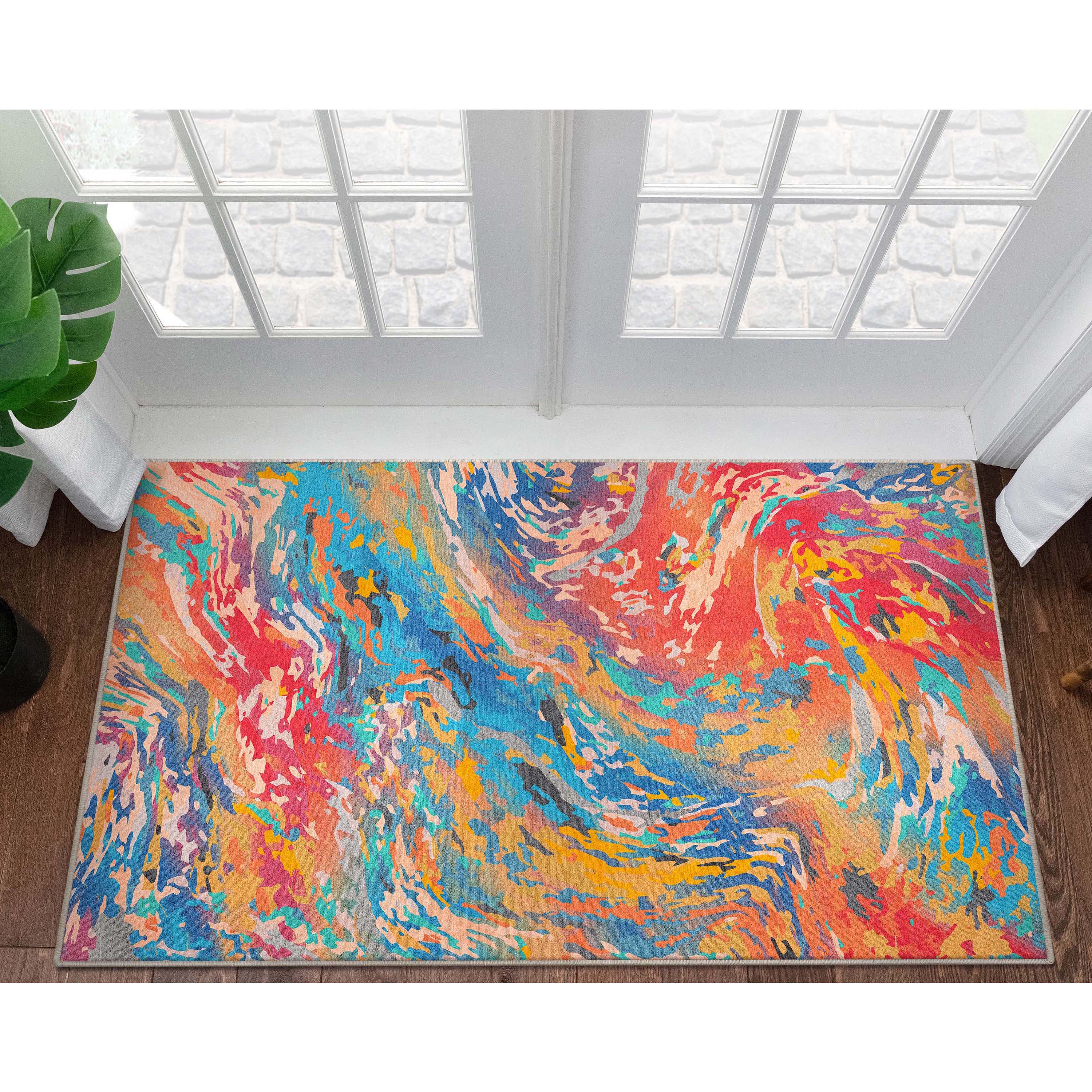 Well Woven W-AB-15D-4 Abstract 3 x 5 (ft) Flatweave Polyester Multi Color Rectangular Indoor Stripe Mid-Century Modern Area rug
